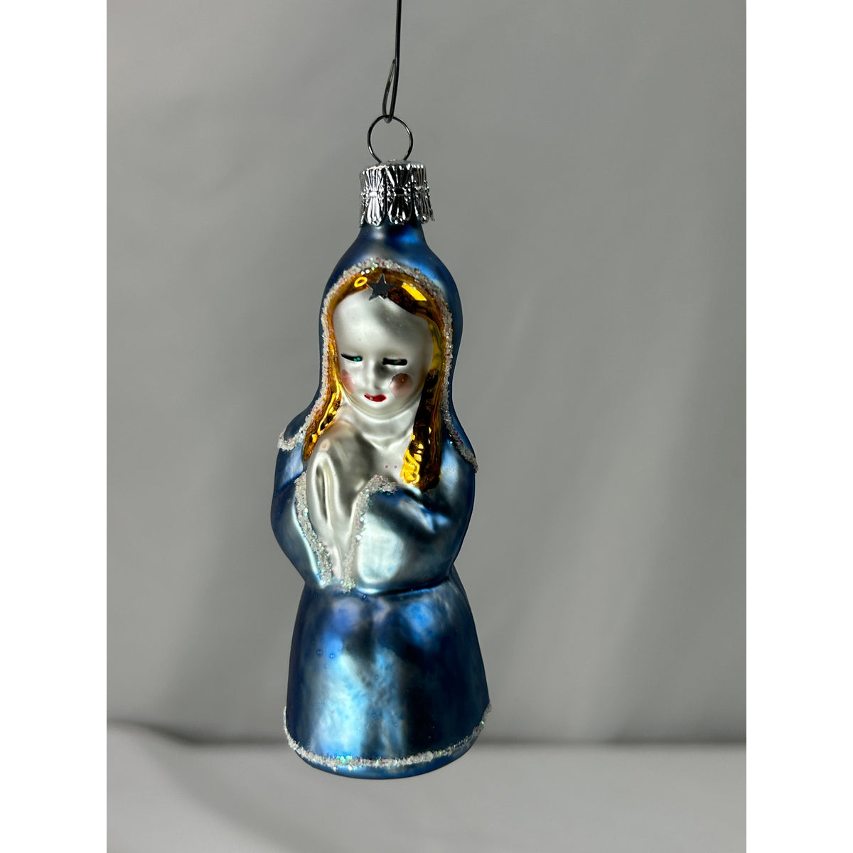 Vintage Blown Glass Virgin Mary Madonna Christmas Ornament Blue Gold 3.75"