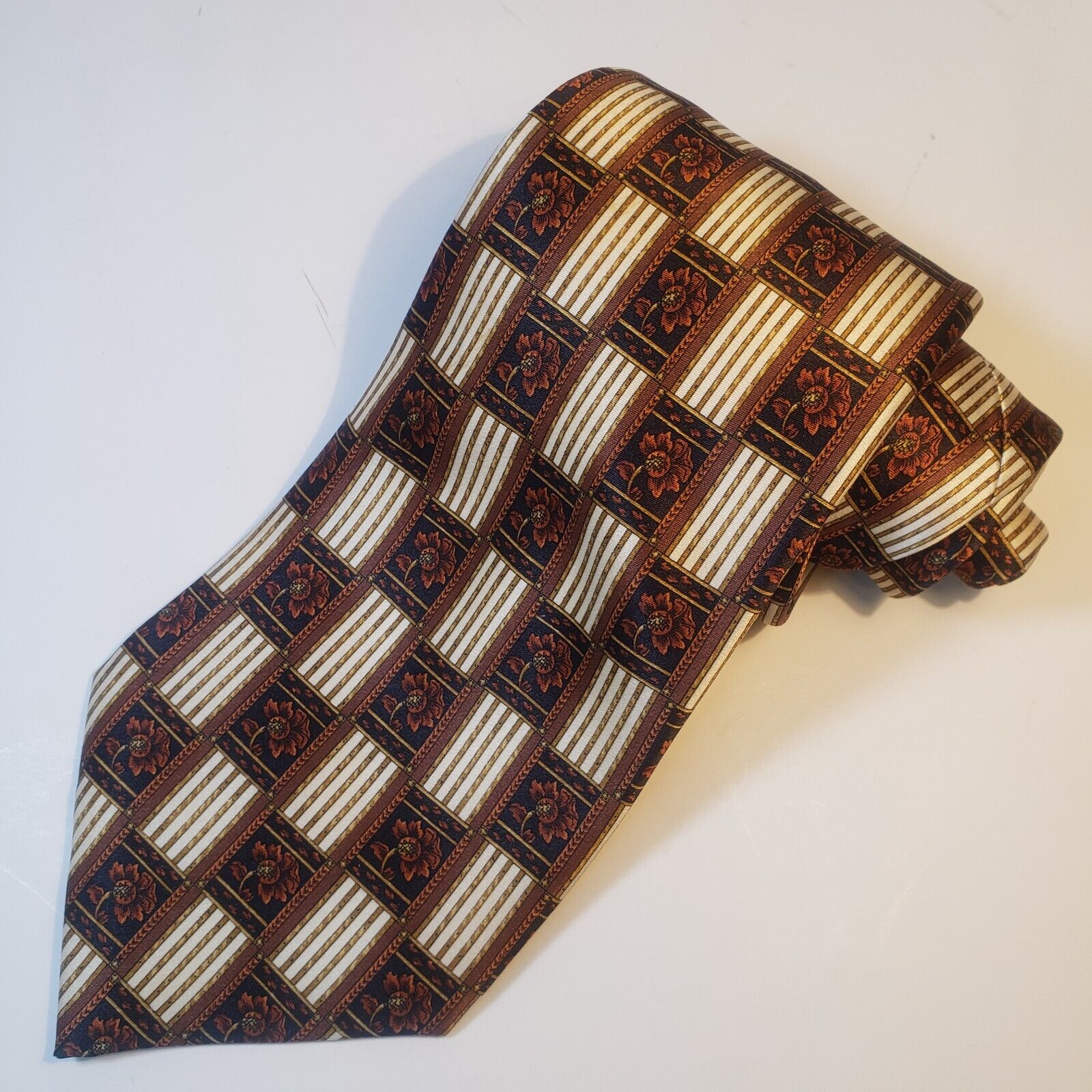 Lanvin Paris Brown Floral Pattern Silk Tie