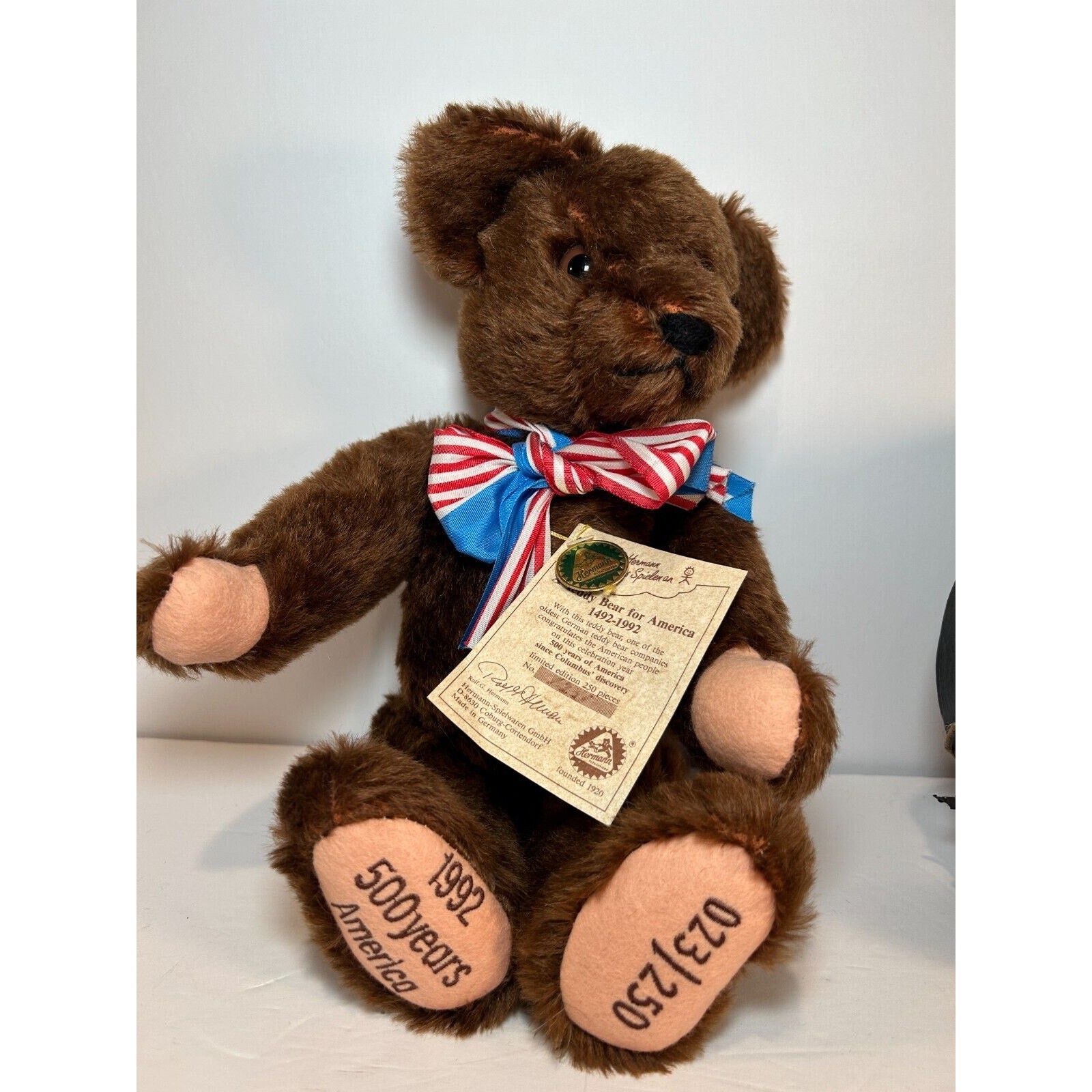 Hermann Mohair Teddy Bear for America 1492-1992 LE 23/250 w/COA & Drum