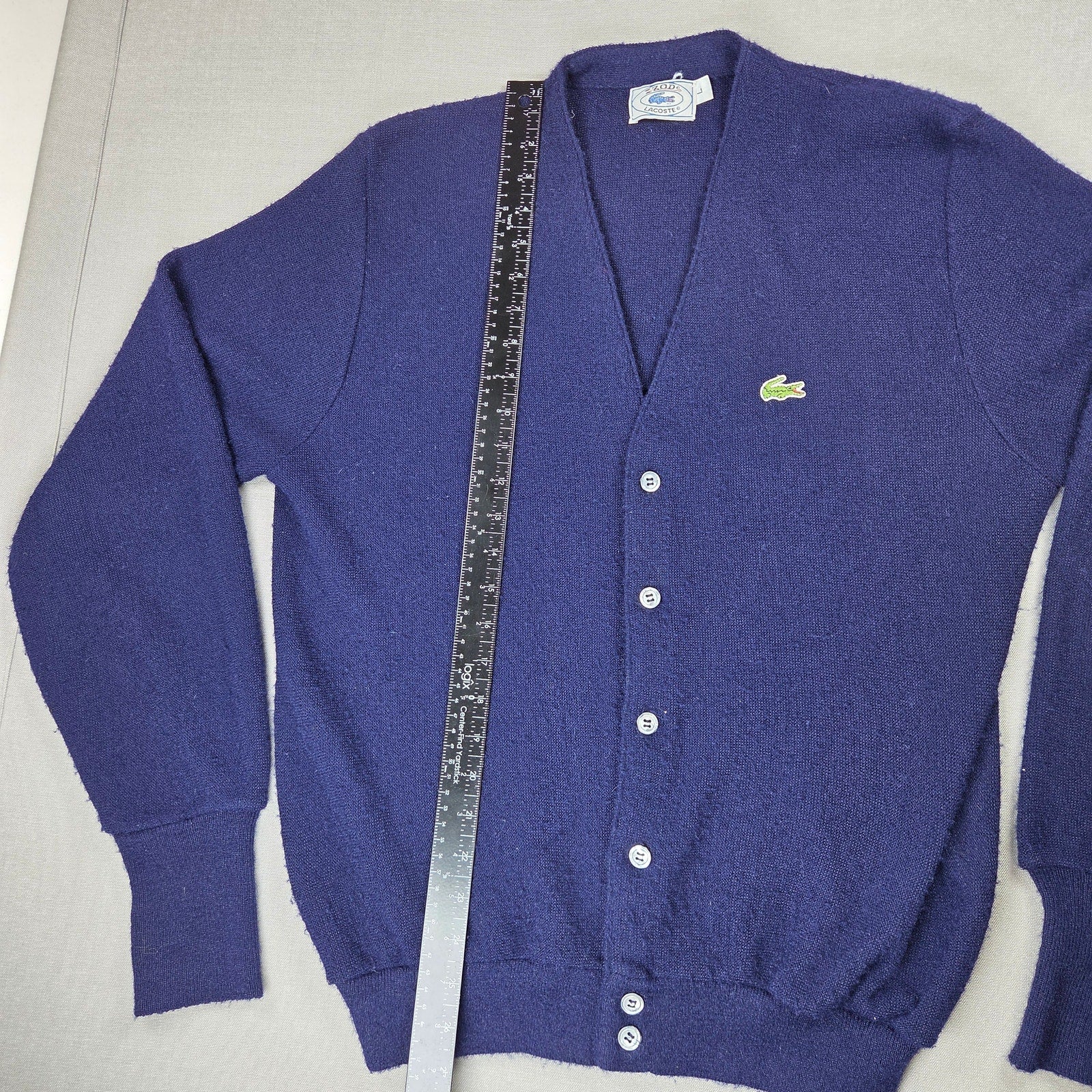 IZOD Lacoste Vintage Cardigan Sweater Men's L USA Orlon Acrylic V-Neck Blue