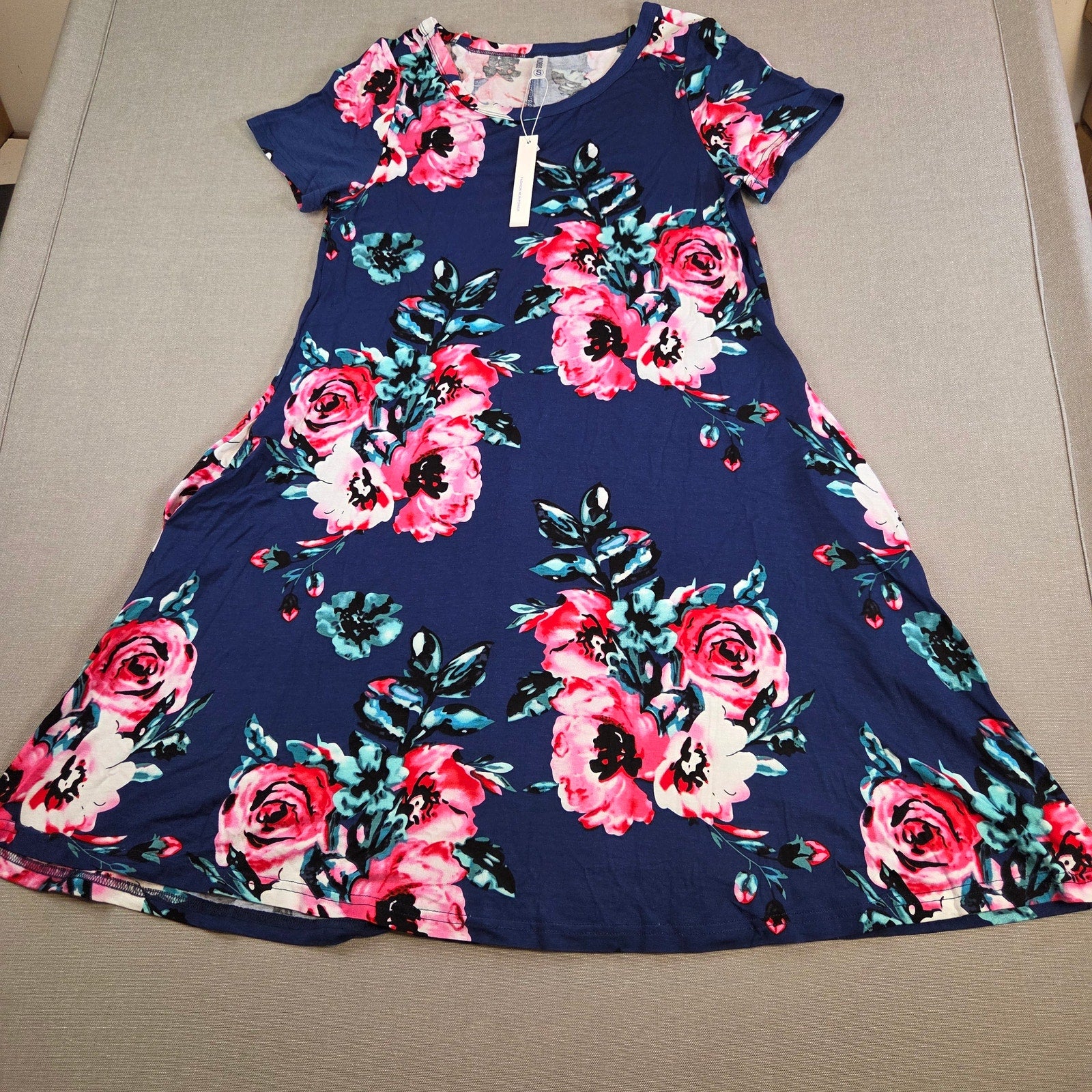 Korsis Blue Floral Dress Pink Rose Print Pockets Women’s Size S