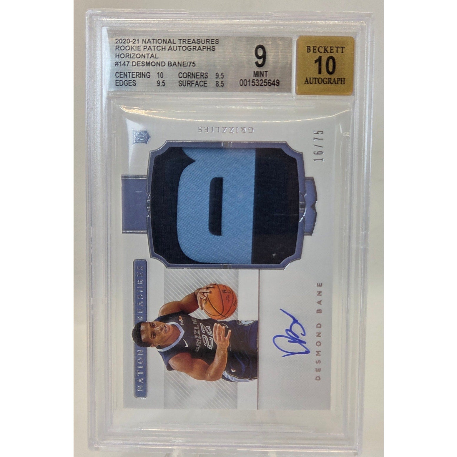 2020-21 National Treasures Desmond Bane RPA /75 Patch Auto BGS 9 Auto 10 Rookie