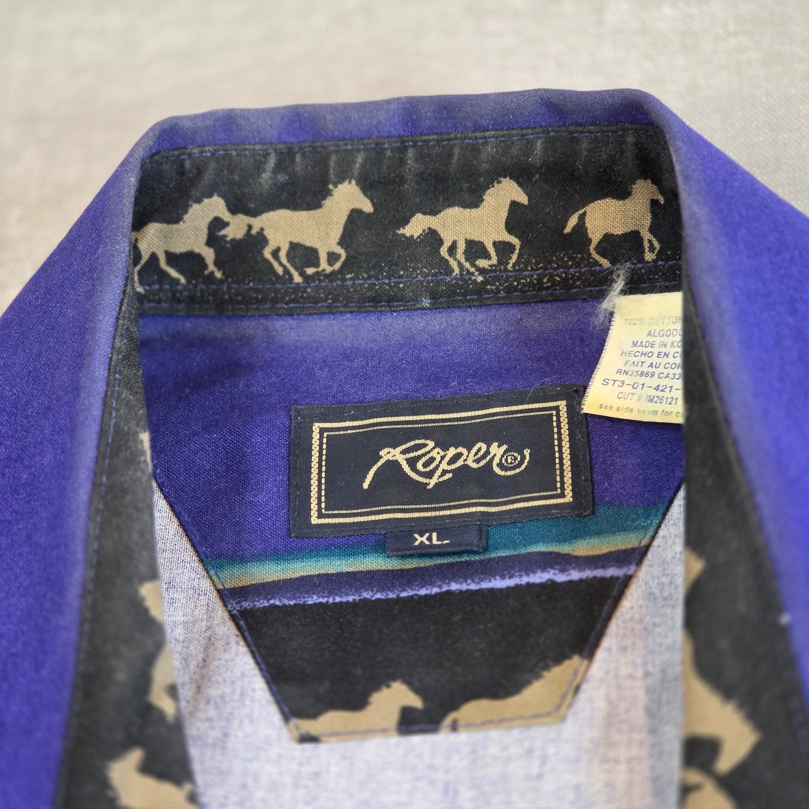 Vintage 90s Roper Western Shirt XL Horses Graphic Snap Button Made Korea