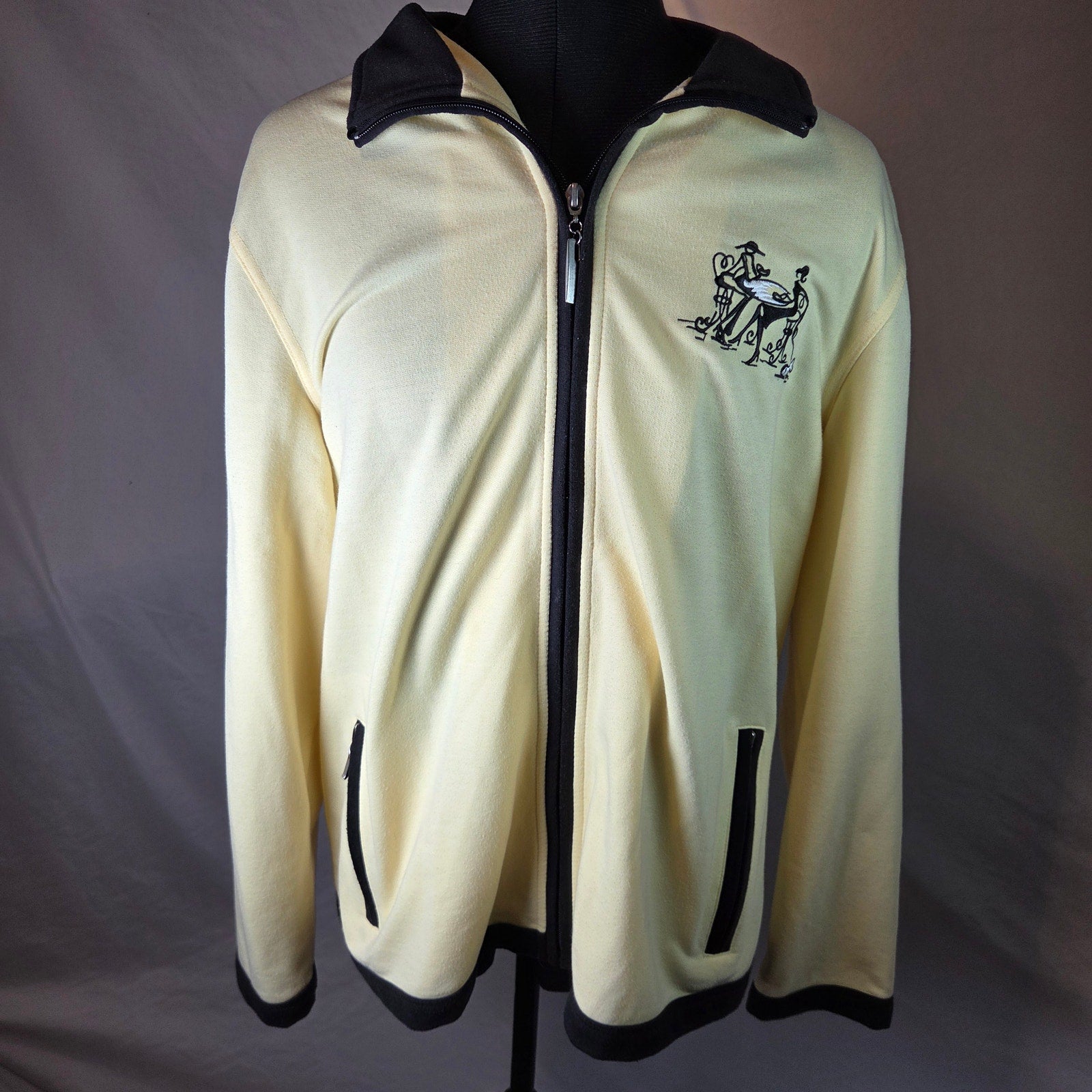Koret Womens L Full Zip Knit Jacket Cafe Scene Embroidered Macau Vintage 90s
