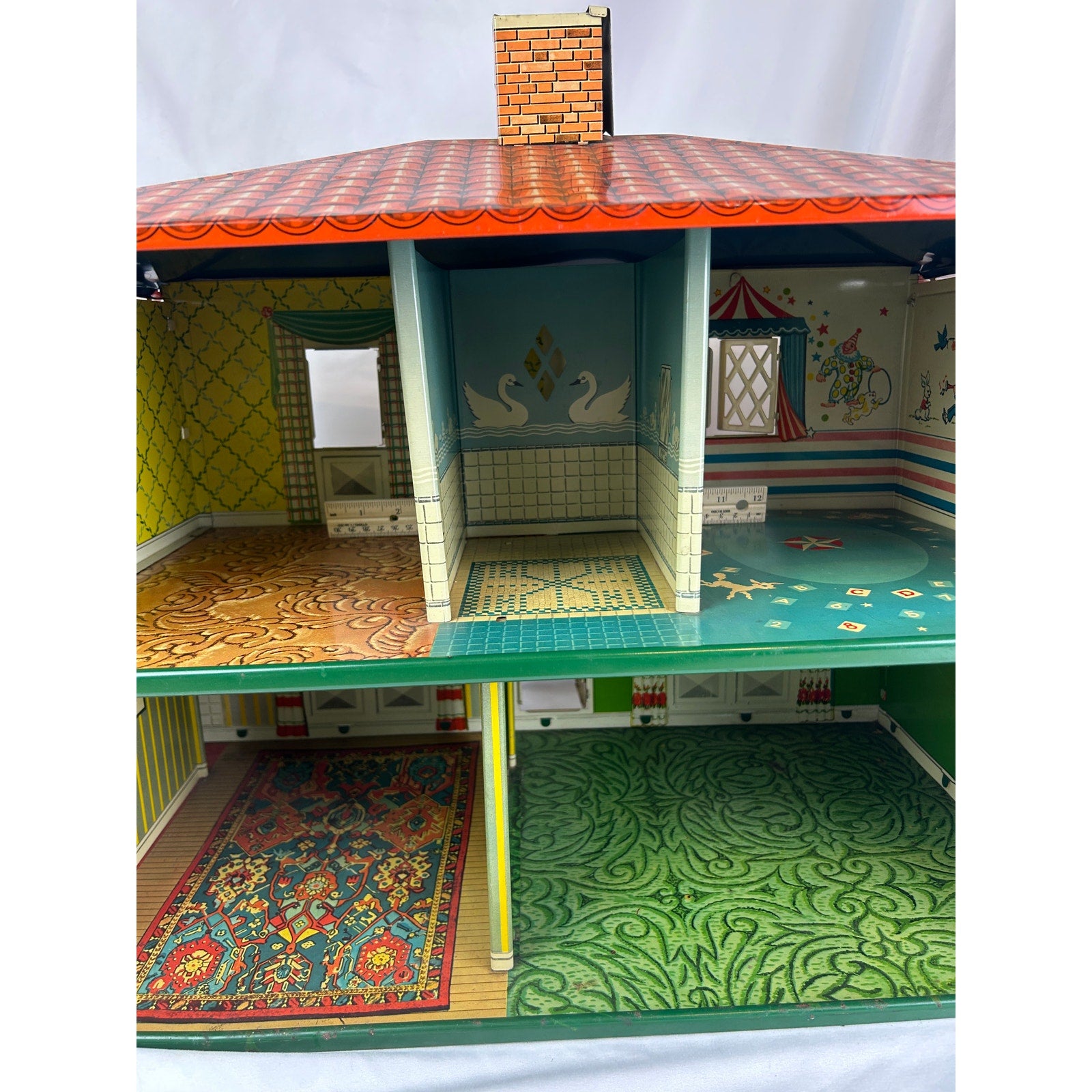 Large Vintage 1950's T Cohn Tin Litho Dollhouse Two Story Modern House