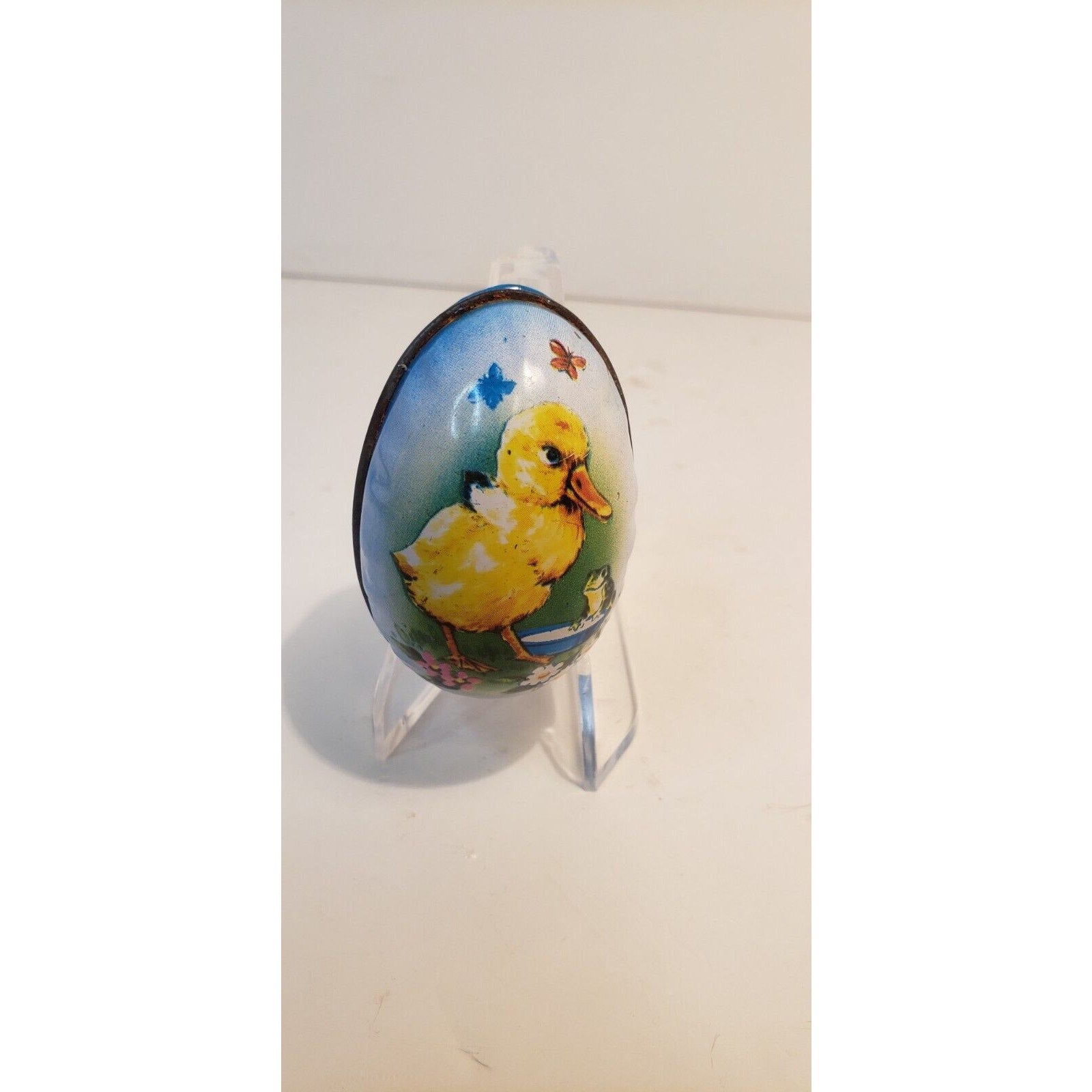 Vintage Sealed Metal Easter Egg Candy Container Duckling & Frog
