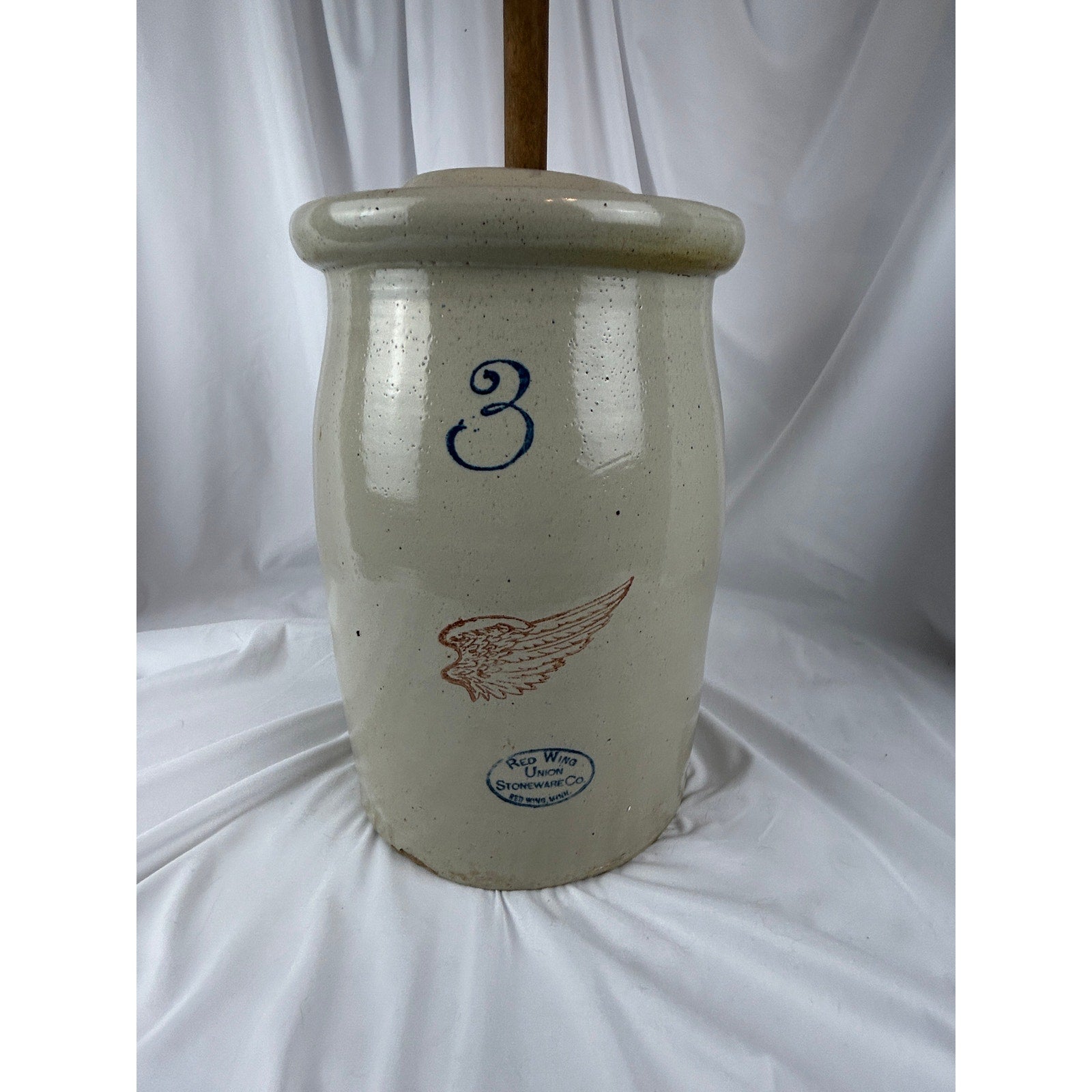 Antique Red Wing 3 Gallon Stoneware Butter Churn Crock w Lid & Wooden Dasher