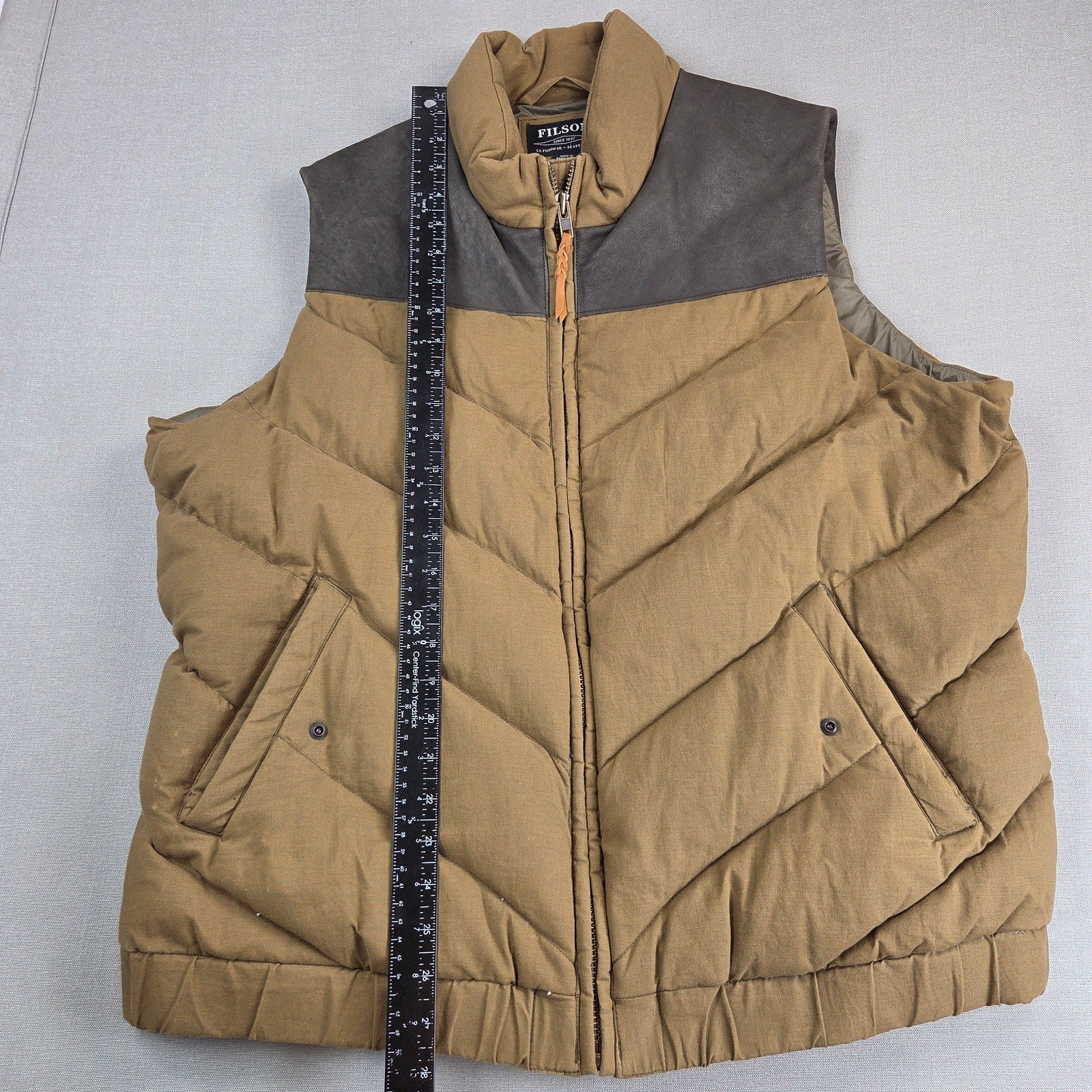 Filson Women's Down Vest XXL Antique Bronze Calfskin Leather Goose Down Puffer