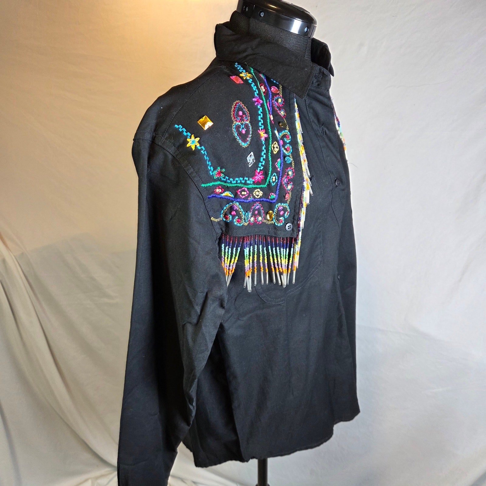 Side Saddle 1993 Beaded Fringe Western Button Shirt Black Cotton M Pad
