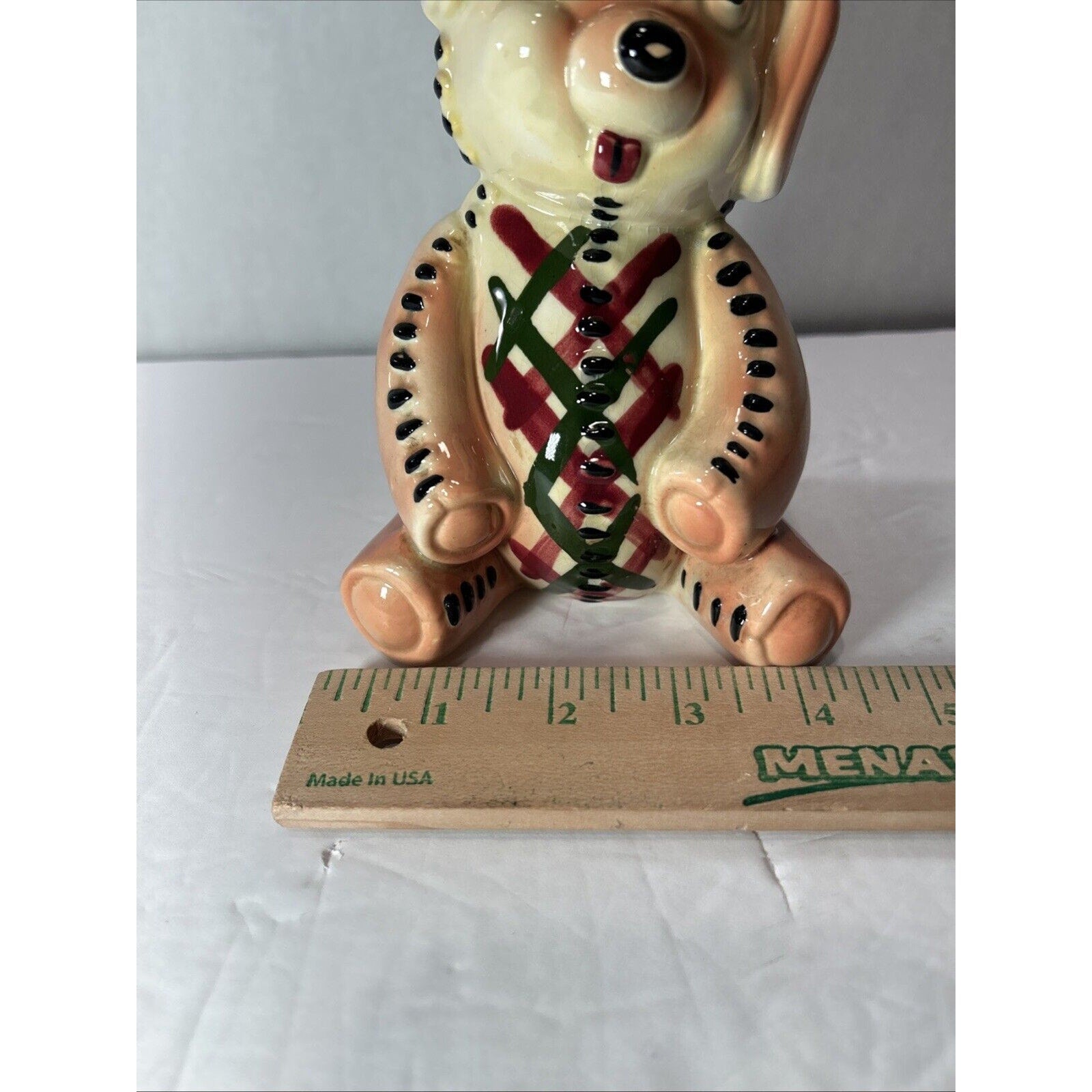 Vintage Patchwork Dog Figurine Hand Painted Ceramic 1950s 1960s Folk Art
