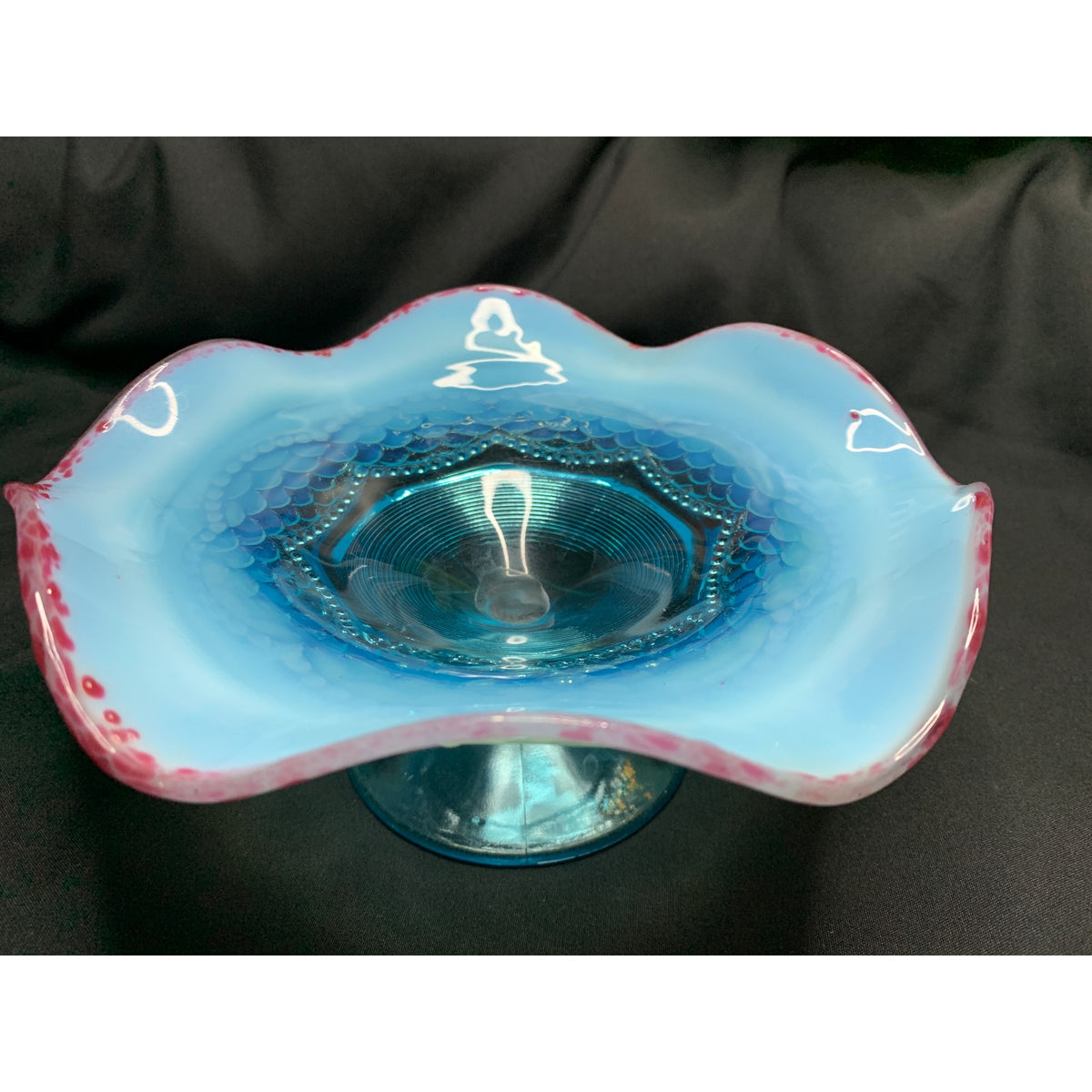 Antique Jefferson Glass Pearls & Scales Blue Opalescent Compote Cranberry Frit