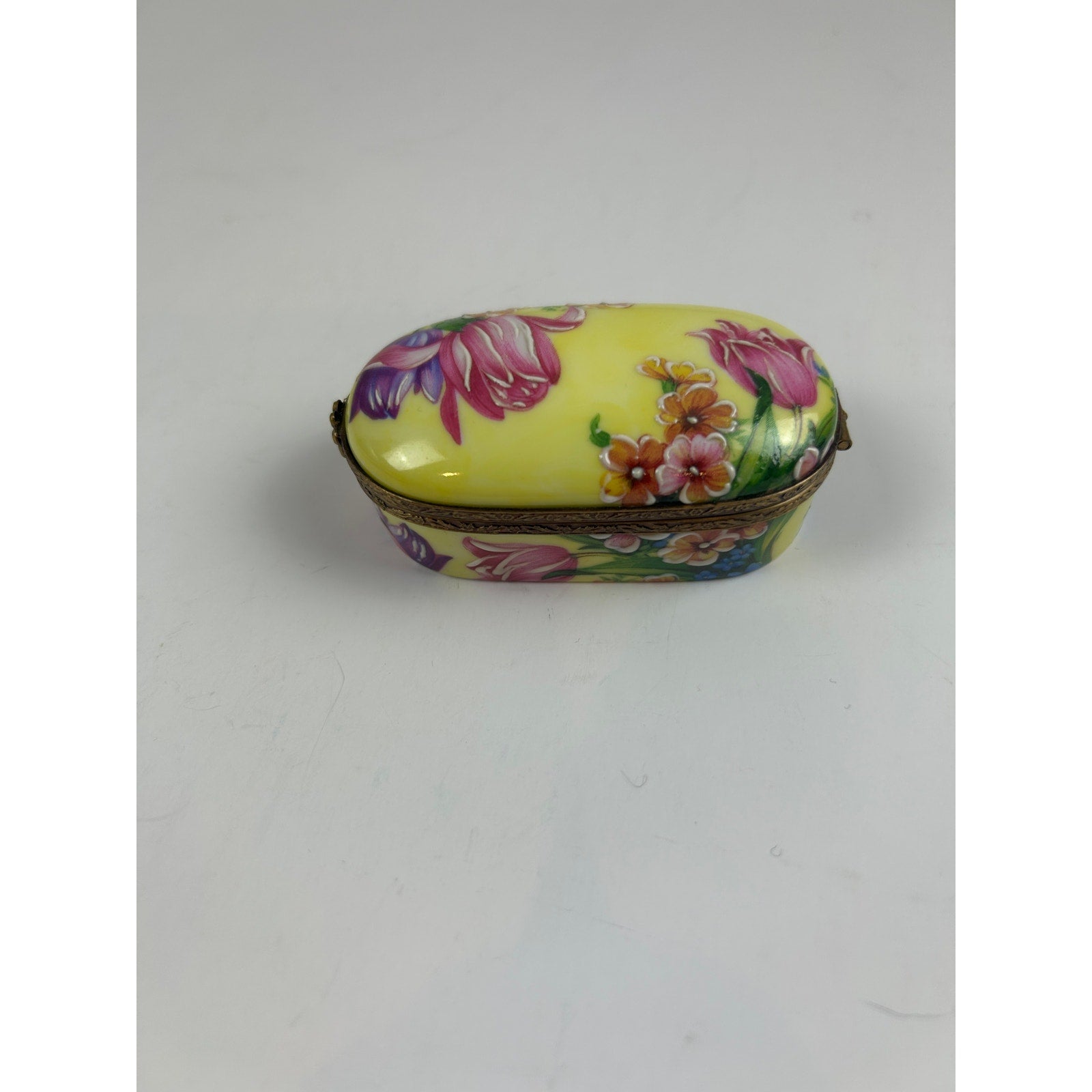 Rochard Limoges France Trinket Box Raised Floral Hand Painted Yellow Oval