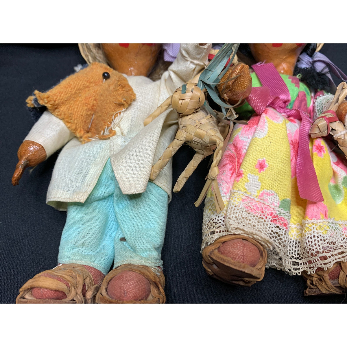 Vintage Mexican Folk Art Oilcloth Dolls Pair Straw Hats Animals 1960s 1970s