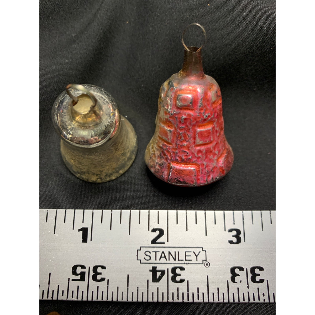 Vintage Glass Christmas Bell Ornaments Lot of 2 Red Silver Molded Embossed