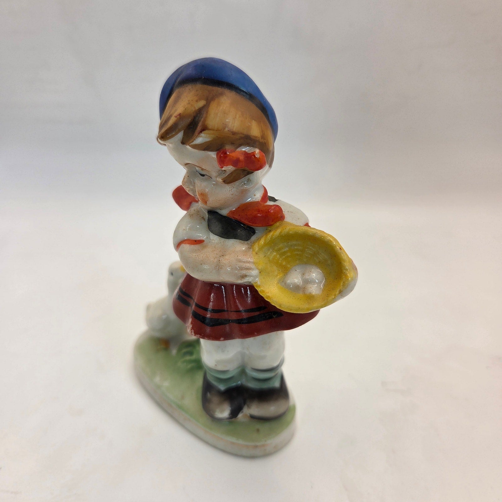 Occupied Japan Girl With Goose Figurine 4.5” Vintage Porcelain Painted