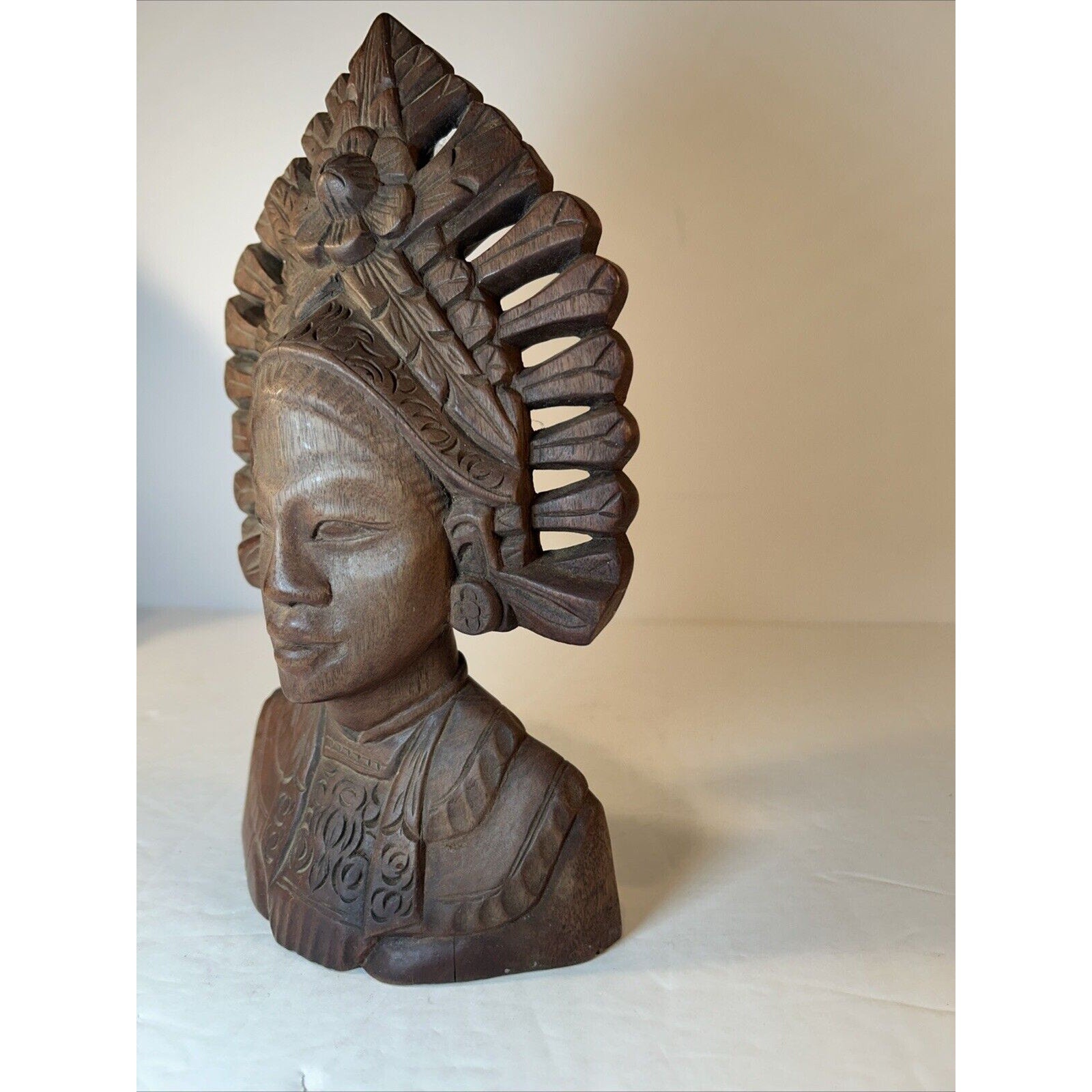 Balinese Hand-Carved Wood Bust Pair | Male & Female Headdress Statues 9-in