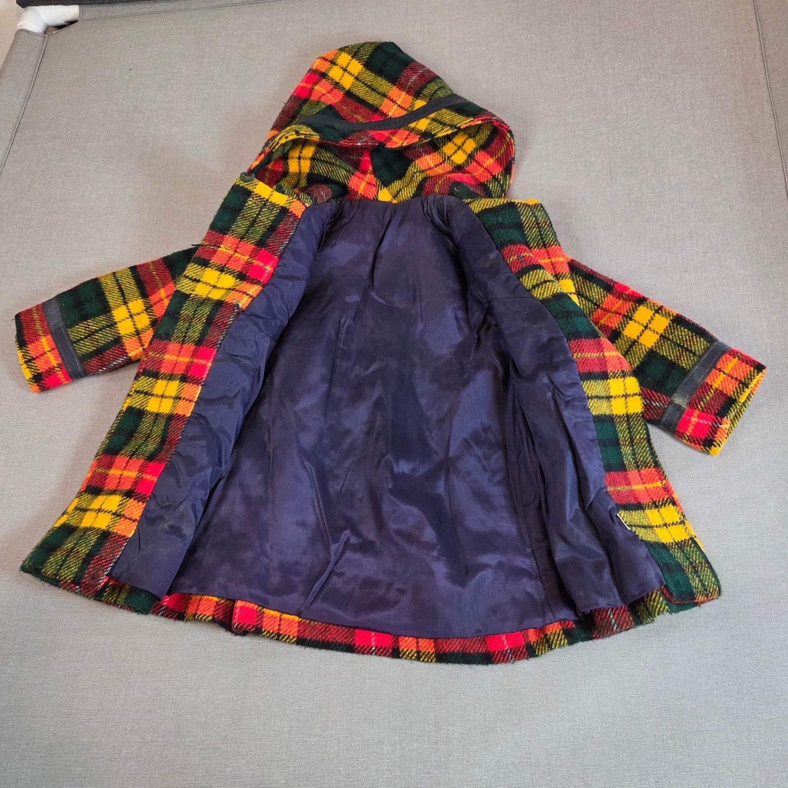 Vintage 60s 70s Girls Hooded Plaid Wool Blend Coat Belted Unbranded