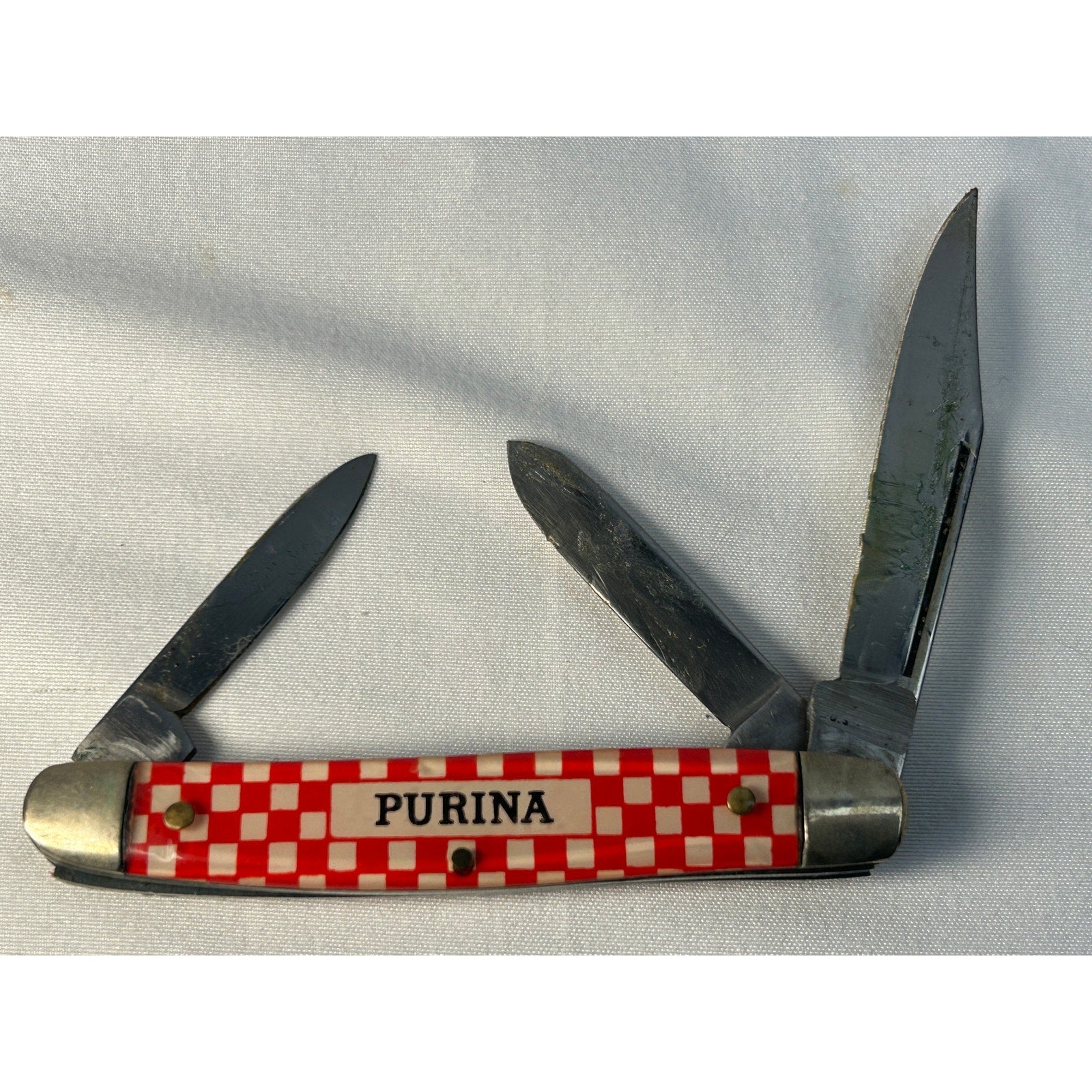 Vintage Purina Advertising Pocket Knife USA Multi Blade Red Checker Handle