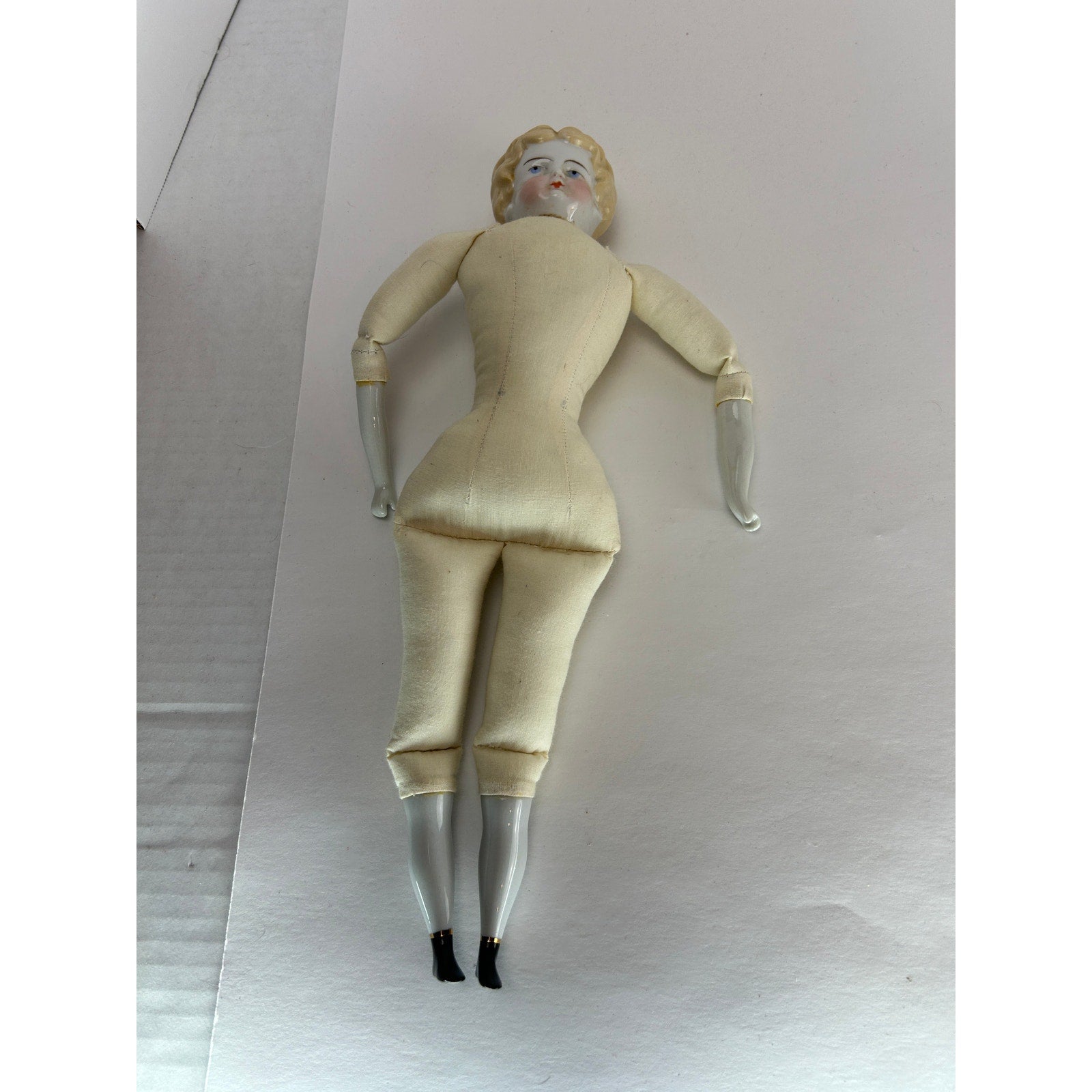 Antique 14” Blonde China Head Doll 1860s German Porcelain Cloth Body