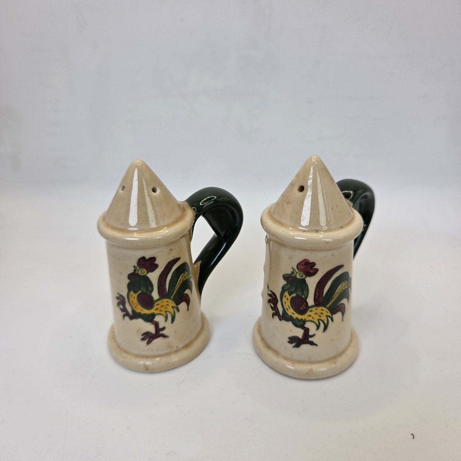 Vintage Ceramic Rooster Salt & Pepper Shakers Set Green Handle Farmhouse Decor