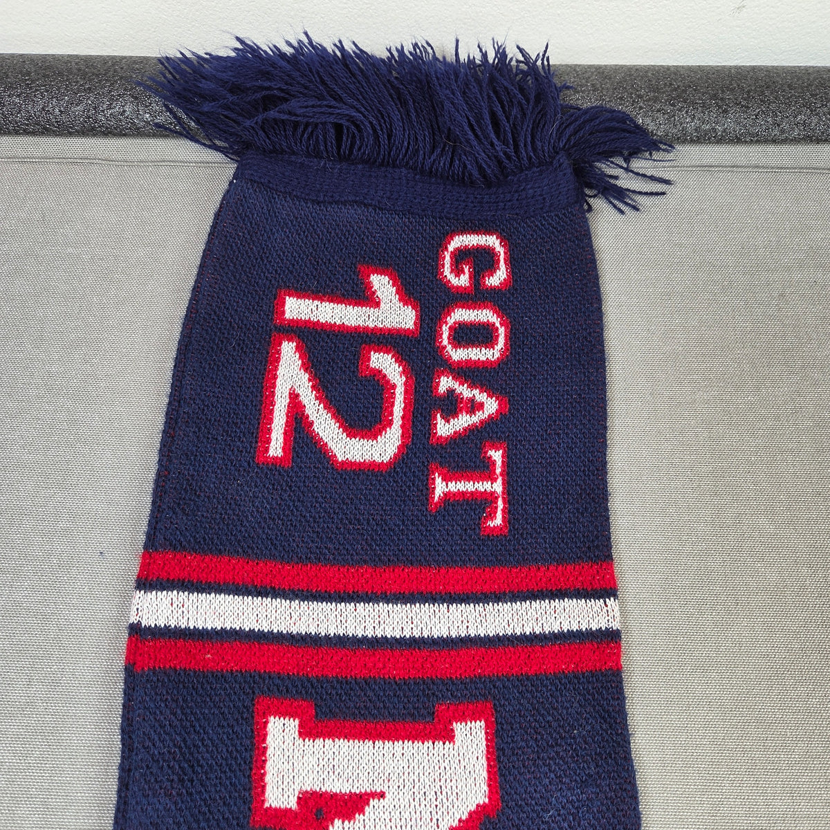 New England Patriots GOAT 12 Tom Brady Knit Fringe Scarf 58 Inch NFL Blue