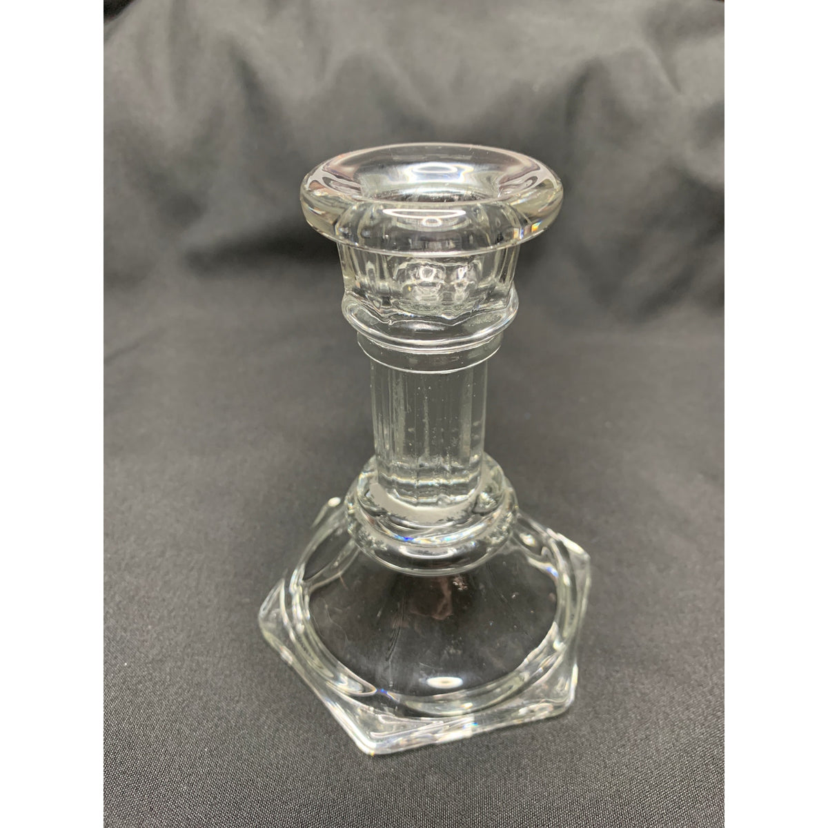 Clear Pressed Glass Taper Candle Holder Hexagon Base Fluted Column Single