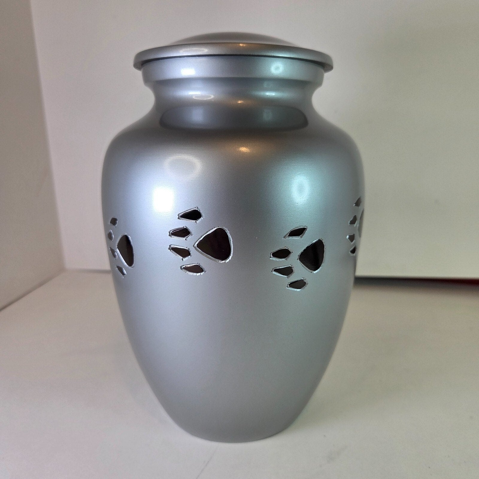 Paw Print Pet Cremation Urn Silver Pewter 8"
