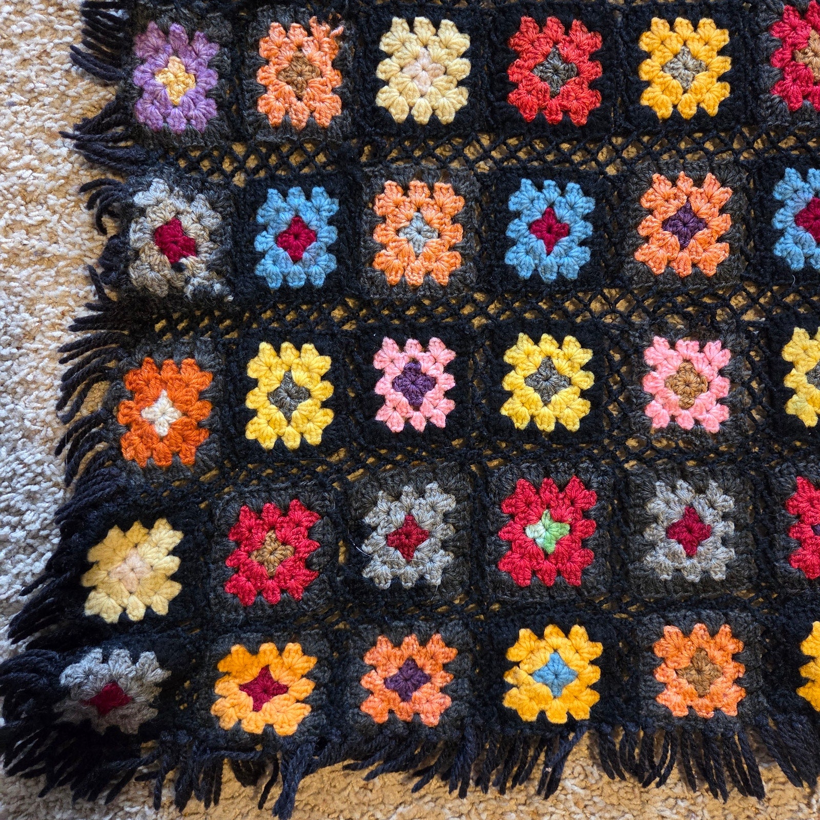 Vintage Handmade Granny Square Crochet Afghan Throw Blanket Roseanne Style