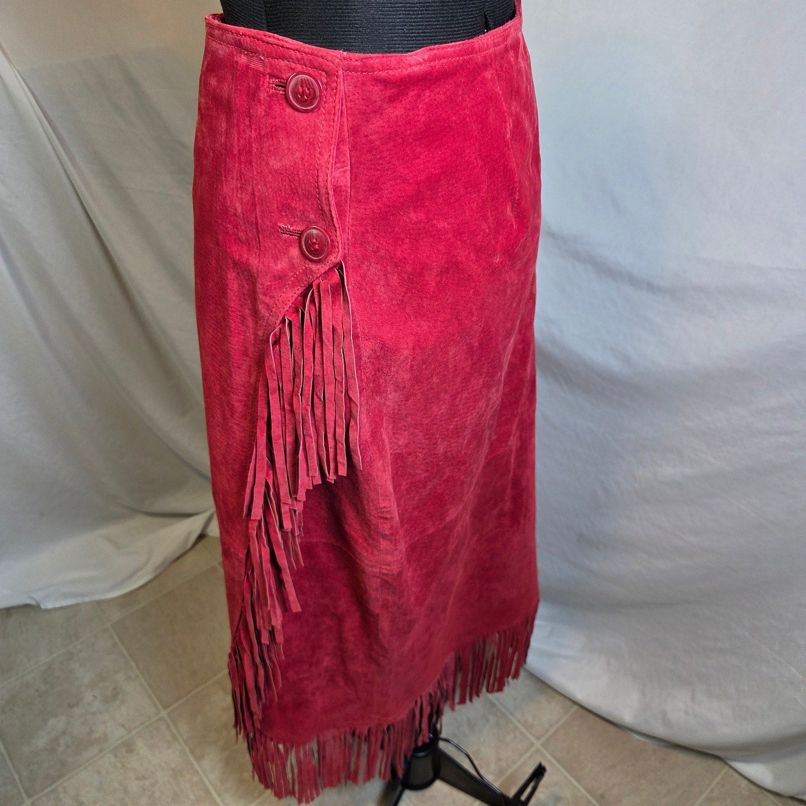 Newport News Red Leather Fringe Wrap Skirt Western Boho Women Size 14