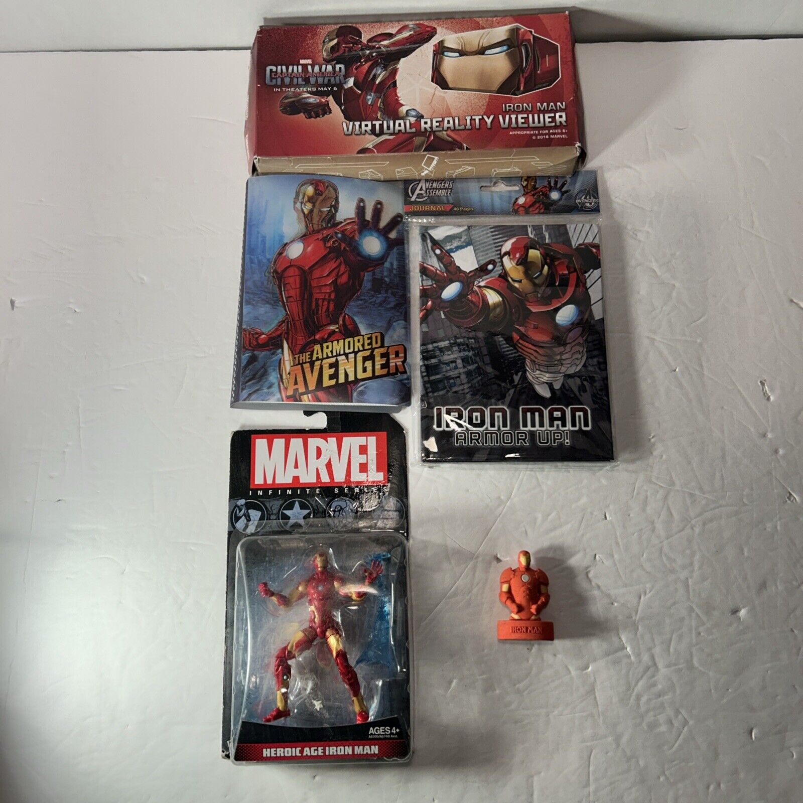 Lot of 5 Iron Man Items, Figure, Journal, Eraser, Photo Album and VR Viewer