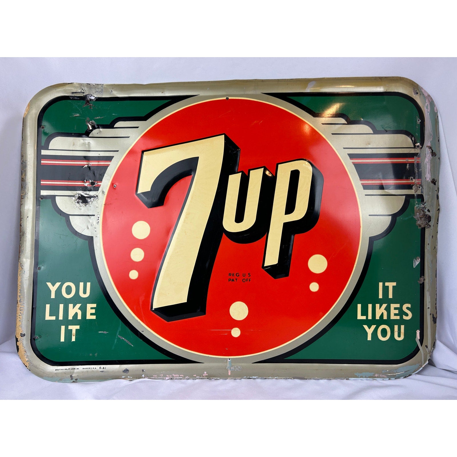 Original 1941 7UP Embossed Metal Sign You Like It It Likes You 9-41 Stout