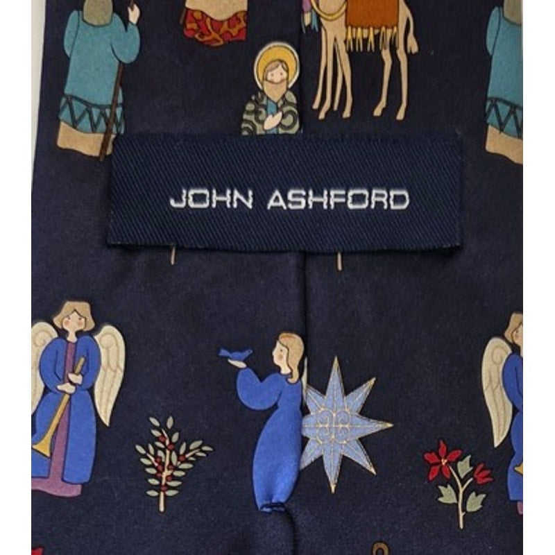 John Ashford Nativity Christmas Silk Tie Angels Wise Men Blue Handmade