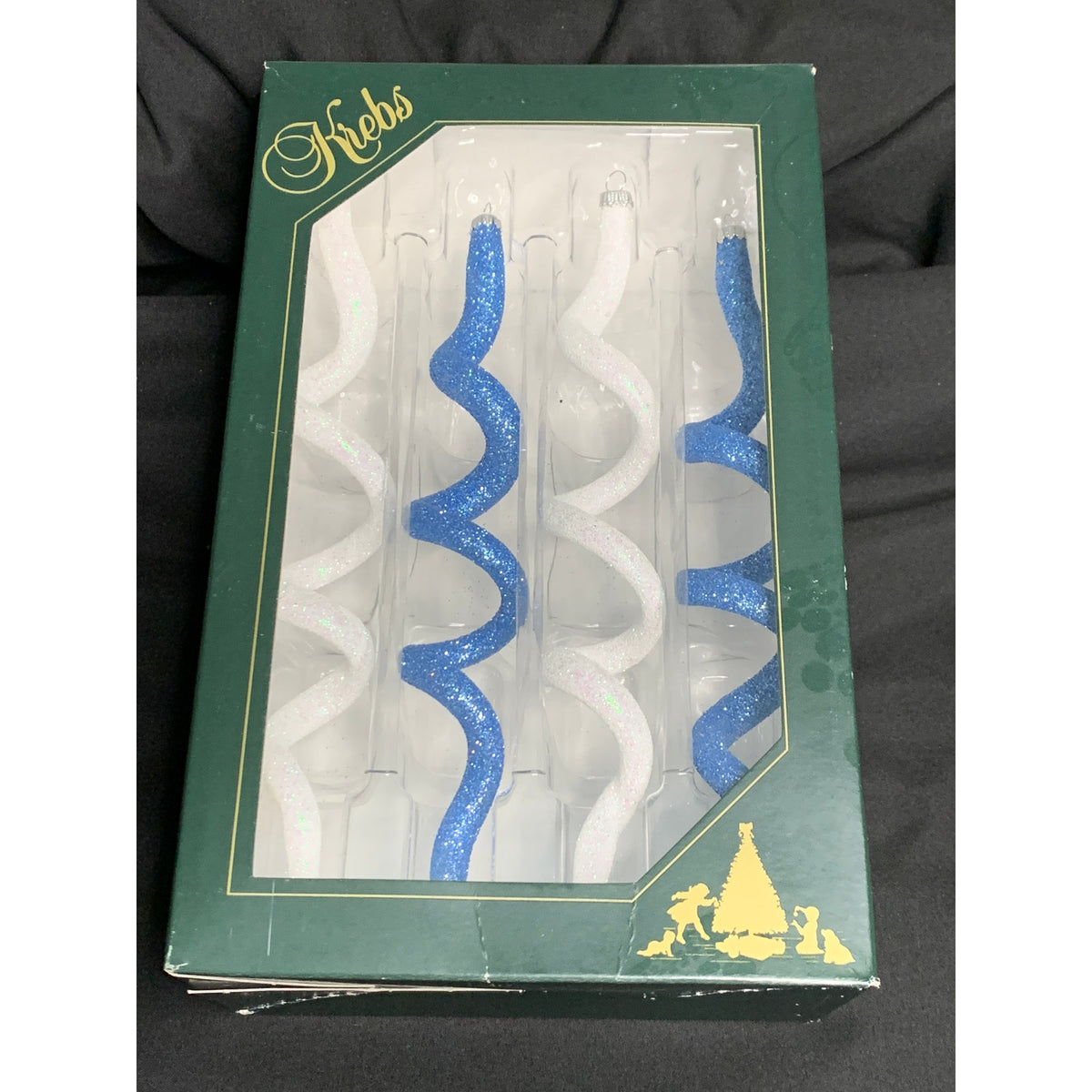Krebs Blue White Glitter Spiral Glass Christmas Ornaments Set of 4 Boxed