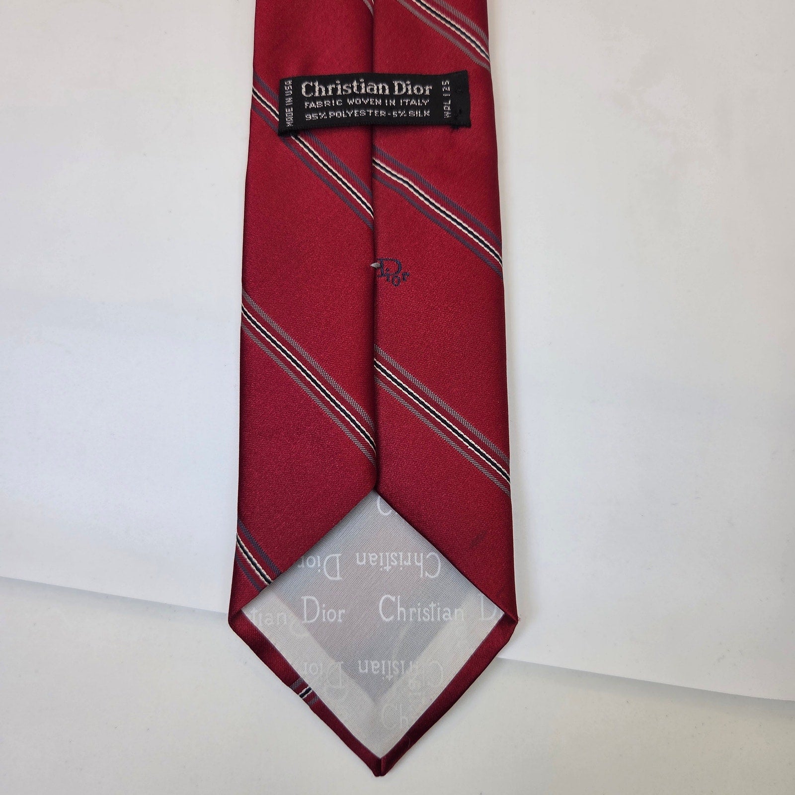 Christian Dior Vintage Red Striped Necktie USA Italy 57.5in Designer Tie