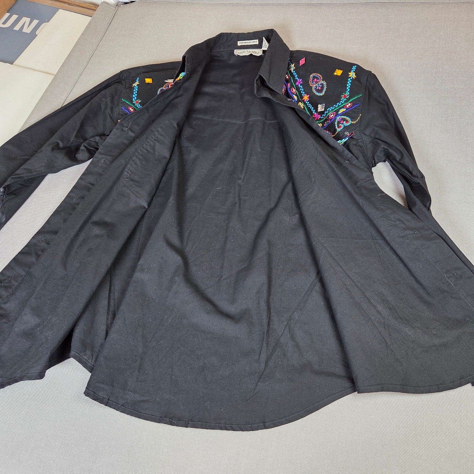 Side Saddle 1993 Beaded Fringe Western Button Shirt Black Cotton M Pad