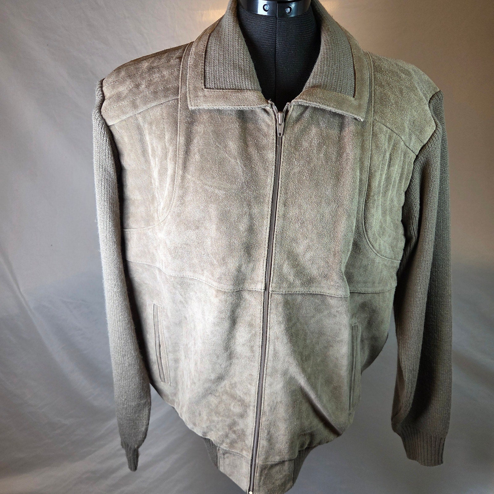 Claybrooke Cow Split Leather Knit Full Zip Sweater Jacket Men's XL Korea Vintage