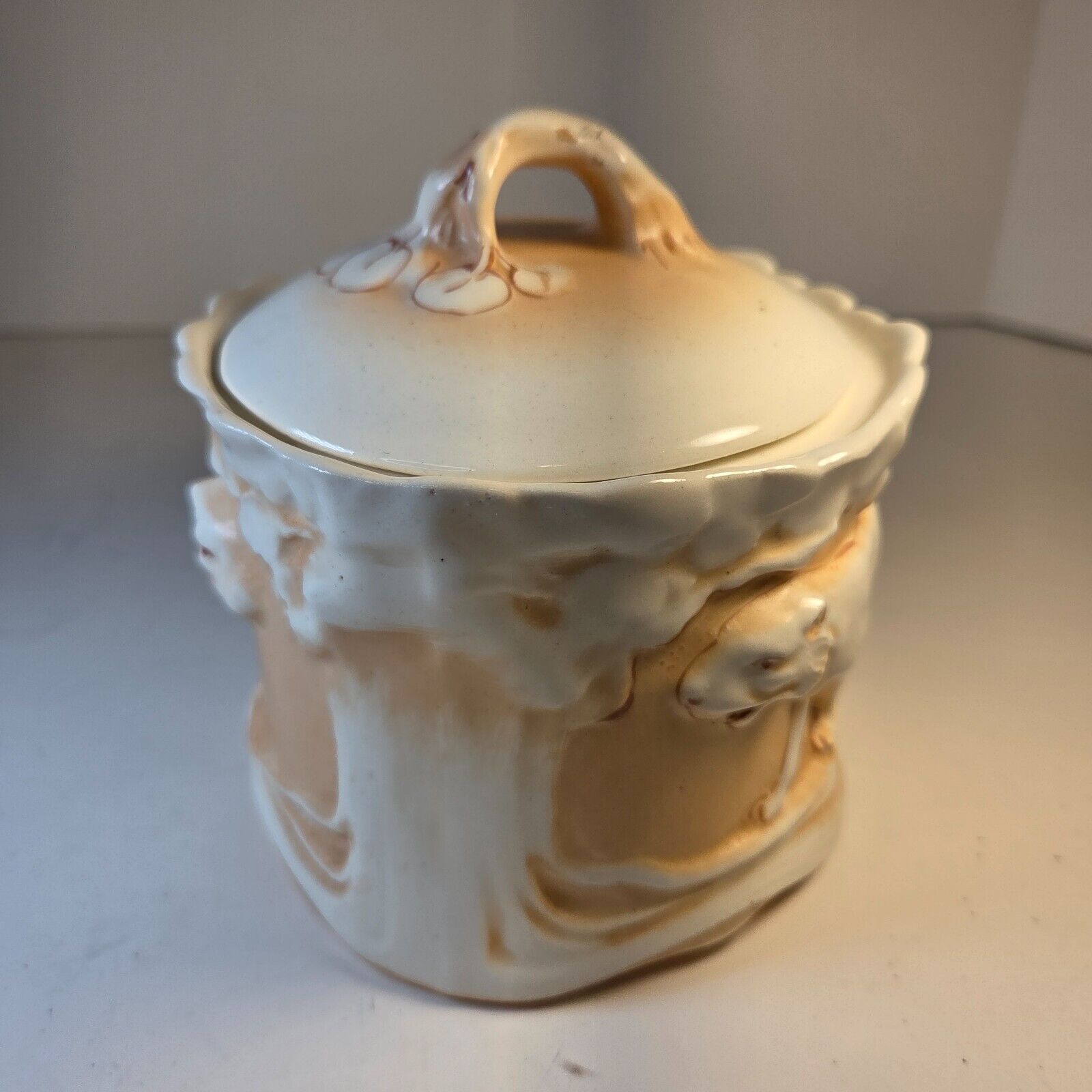 Vintage Czech Tobacco Jar Lion Motif Czecho-Slovakia Marked Ceramic 1920s