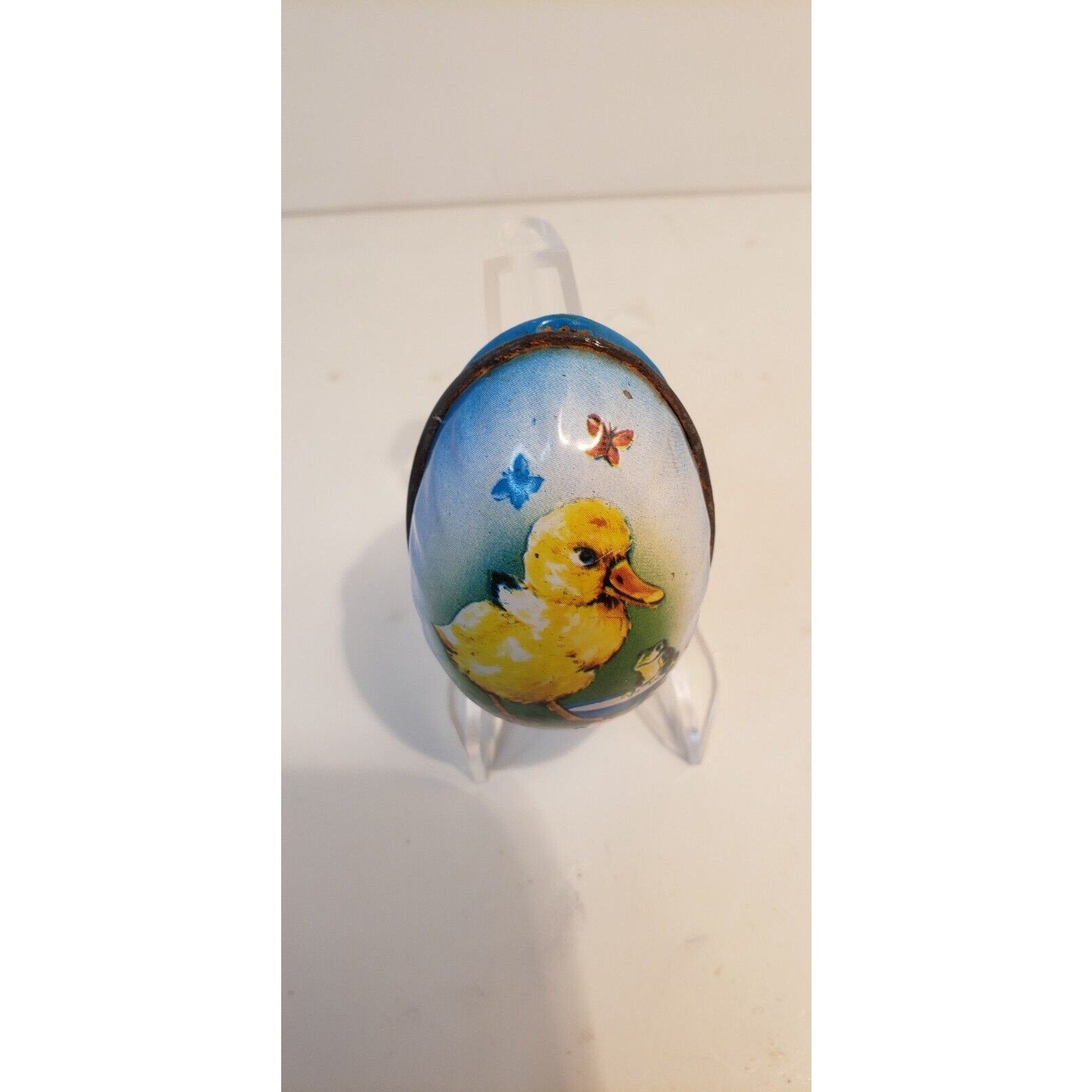 Vintage Sealed Metal Easter Egg Candy Container Duckling & Frog