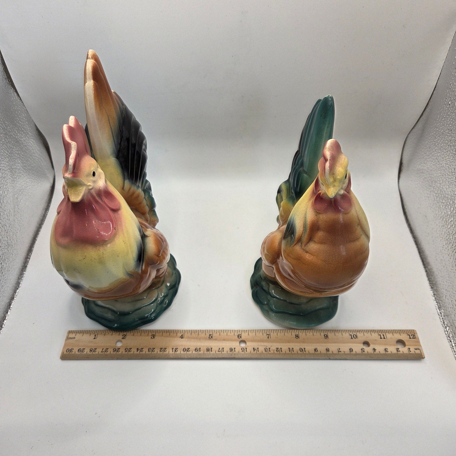 Vintage Royal Copley Rooster & Hen Figurine Pair 1950s Ceramic Statues