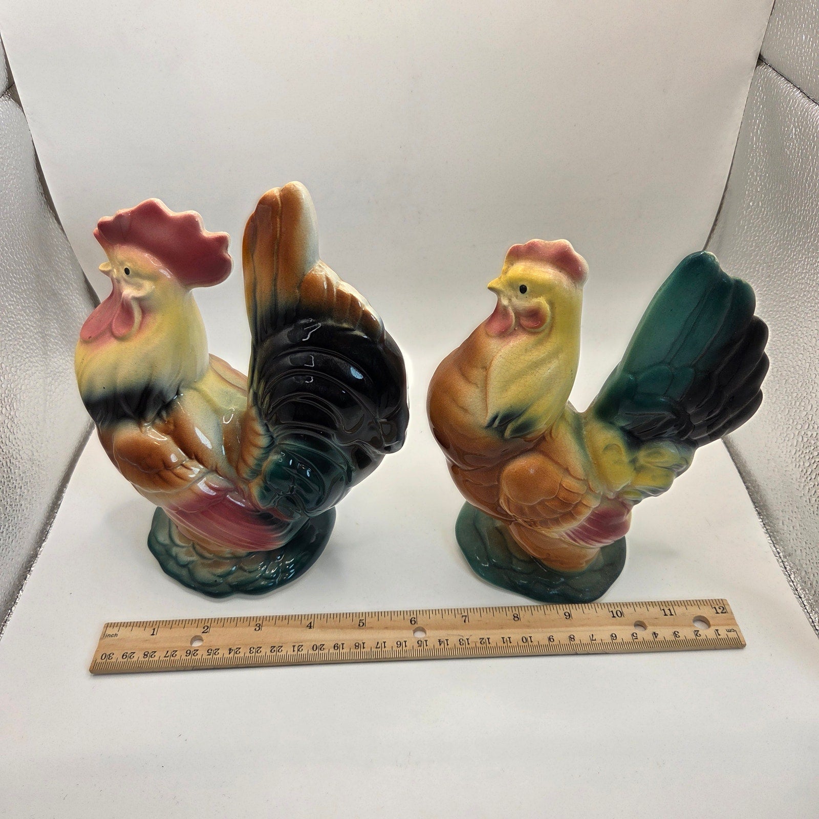 Vintage Royal Copley Rooster & Hen Figurine Pair 1950s Ceramic Statues
