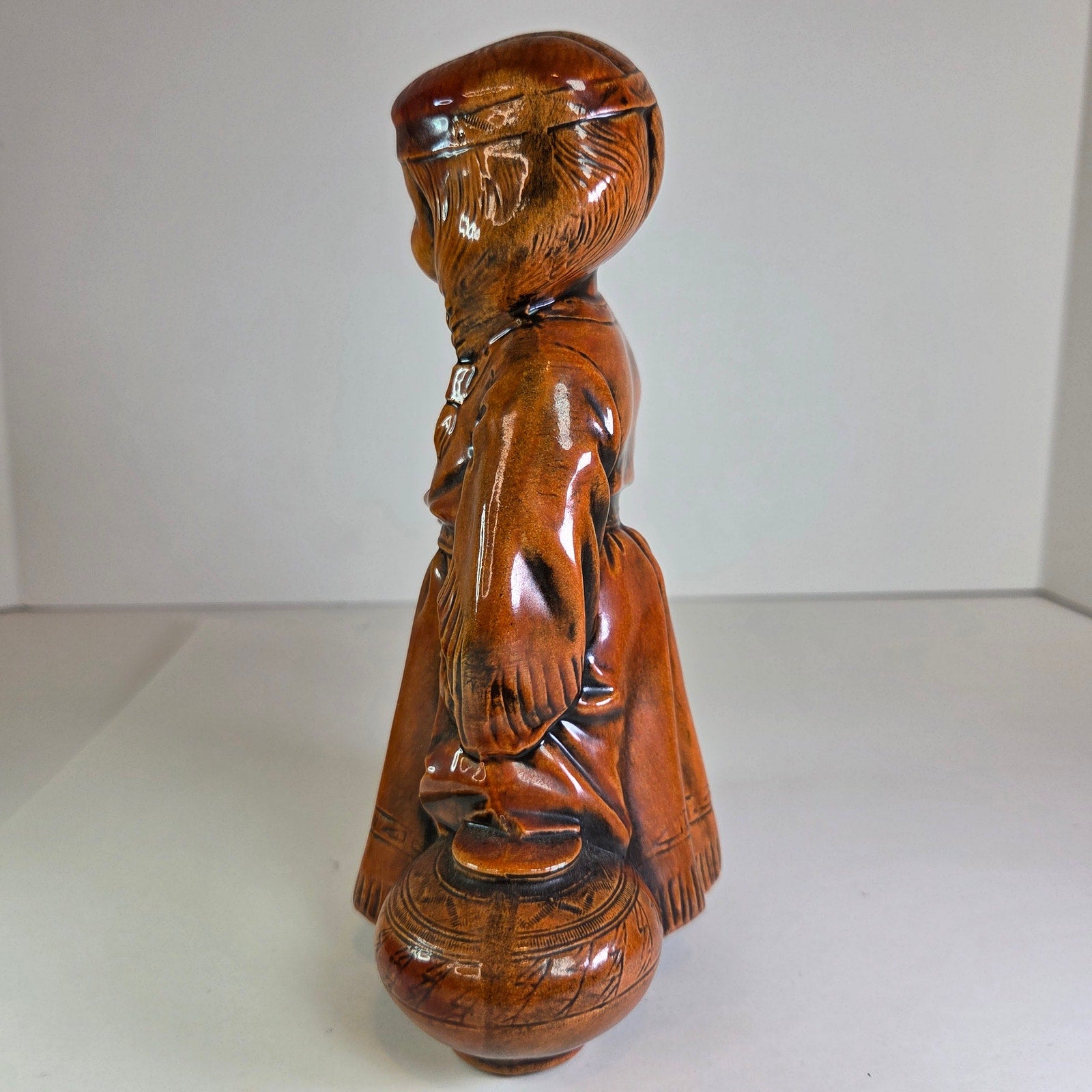 Vintage Ceramic Figurine Native American Girl Holding Pottery Brown Glaze 7.75"