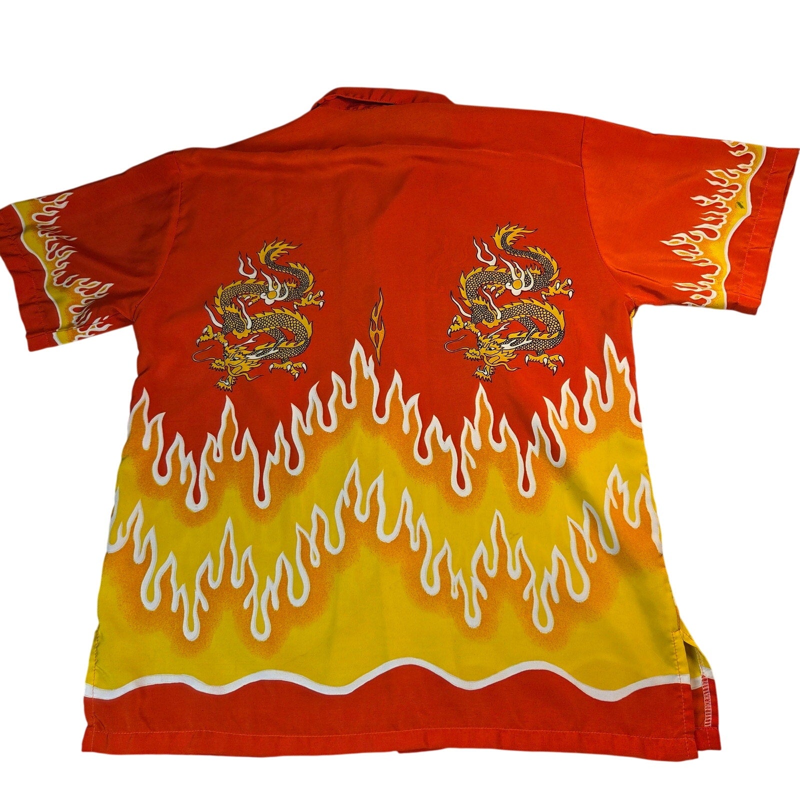 Uluwatu Dragon Flame Rayon Hawaiian Camp Shirt Mens Large Orange Y2K Top