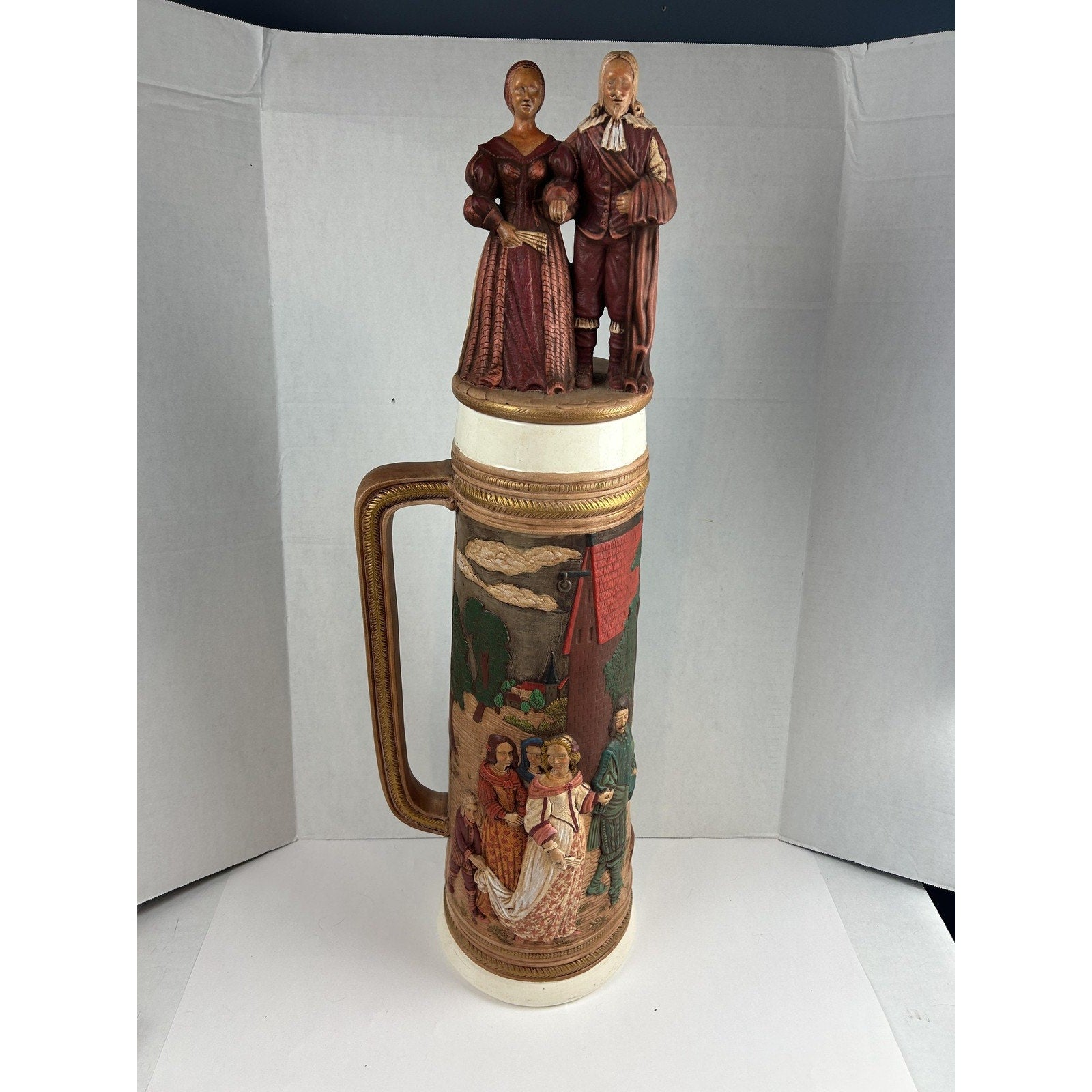 Vintage German Wedding Beer Stein 31" Tall Relief Scene Decorative Ceramic Mug
