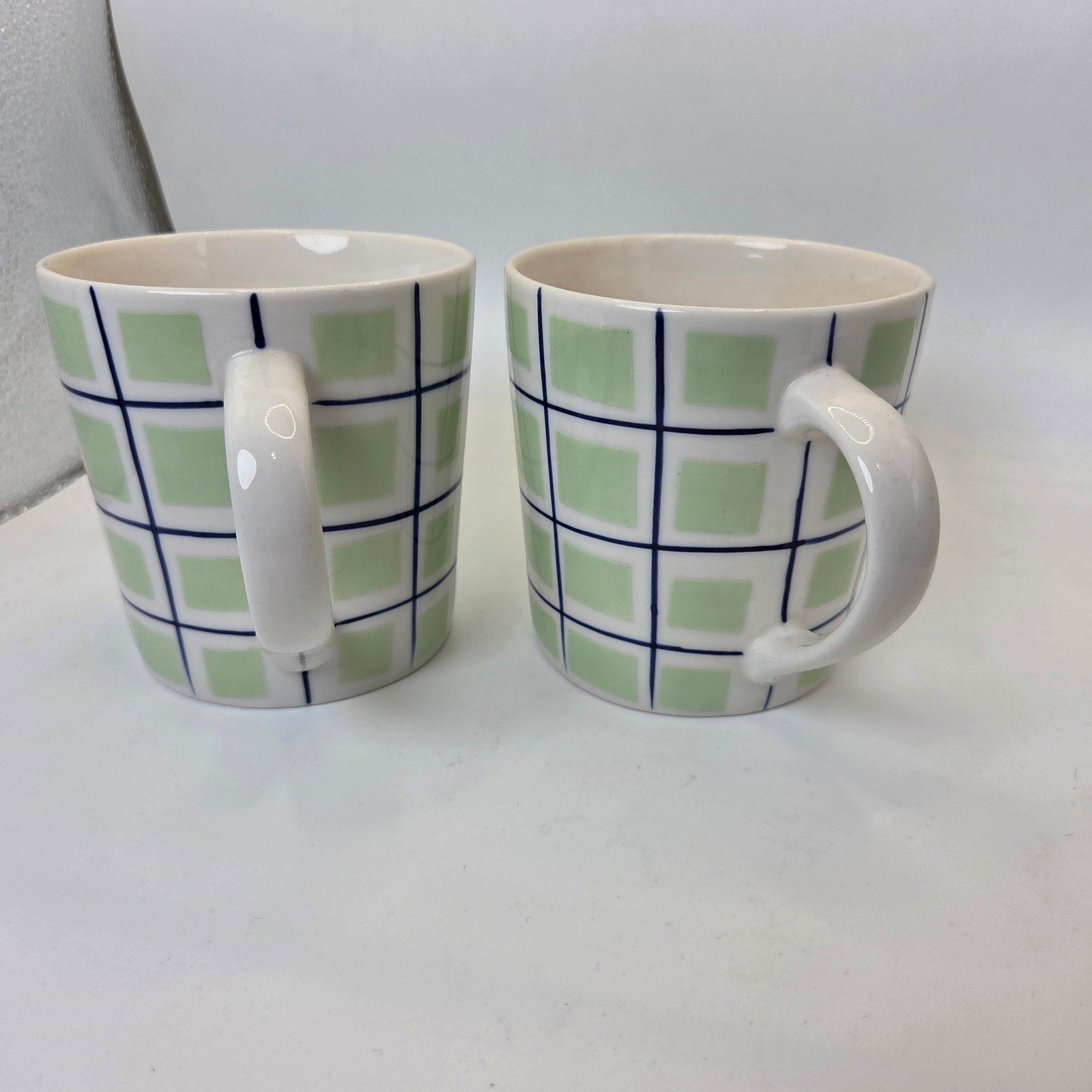 Starbucks Barista 2003 Green Blue Plaid Check Coffee Mugs Set Of 2 Cups