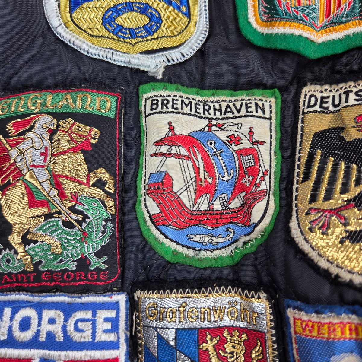 Vintage 60s Brent Montgomery Ward Quilted Jacket European Travel Patches Talon
