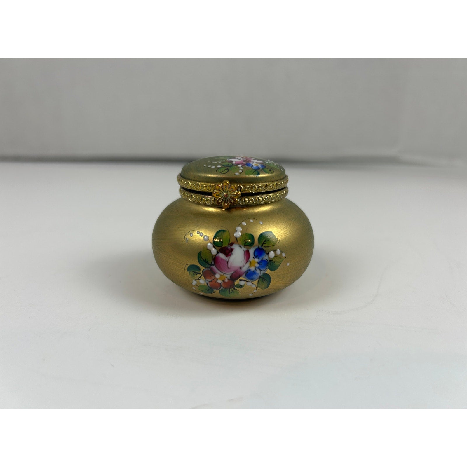 Limoges France Hand Painted Trinket Box Matte Gold Floral Round