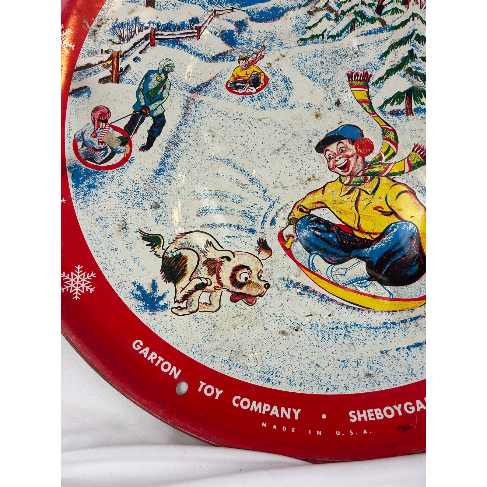 Vintage Garton Toy Snow Flake Saucer Sled Metal Red USA Winter