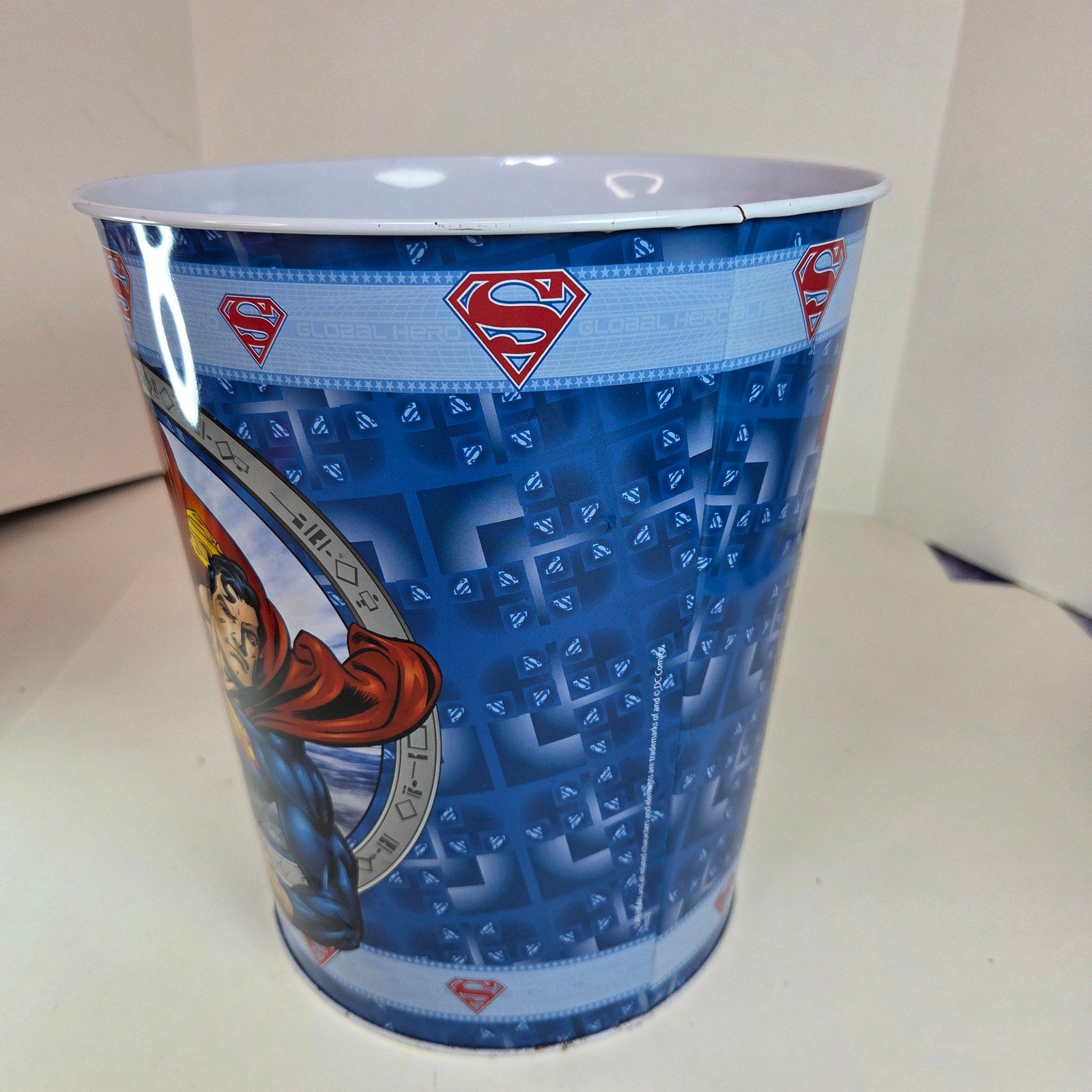 Superman Tin Wastebasket Trash Can DC Comics The Tin Box Co Blue Vintage Style