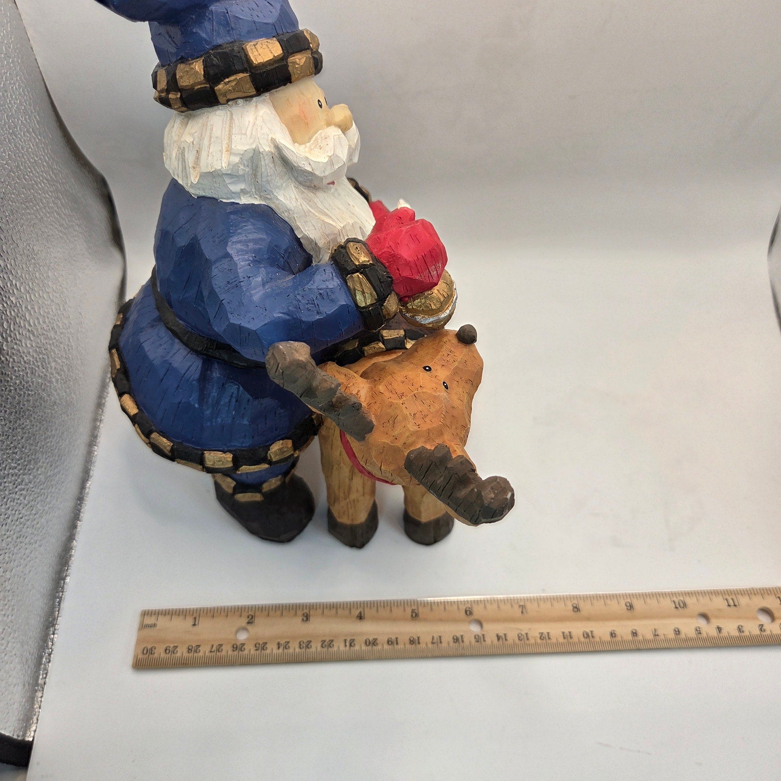 Blue Coat Santa Riding Reindeer Figurine Resin Christmas Decor 11”
