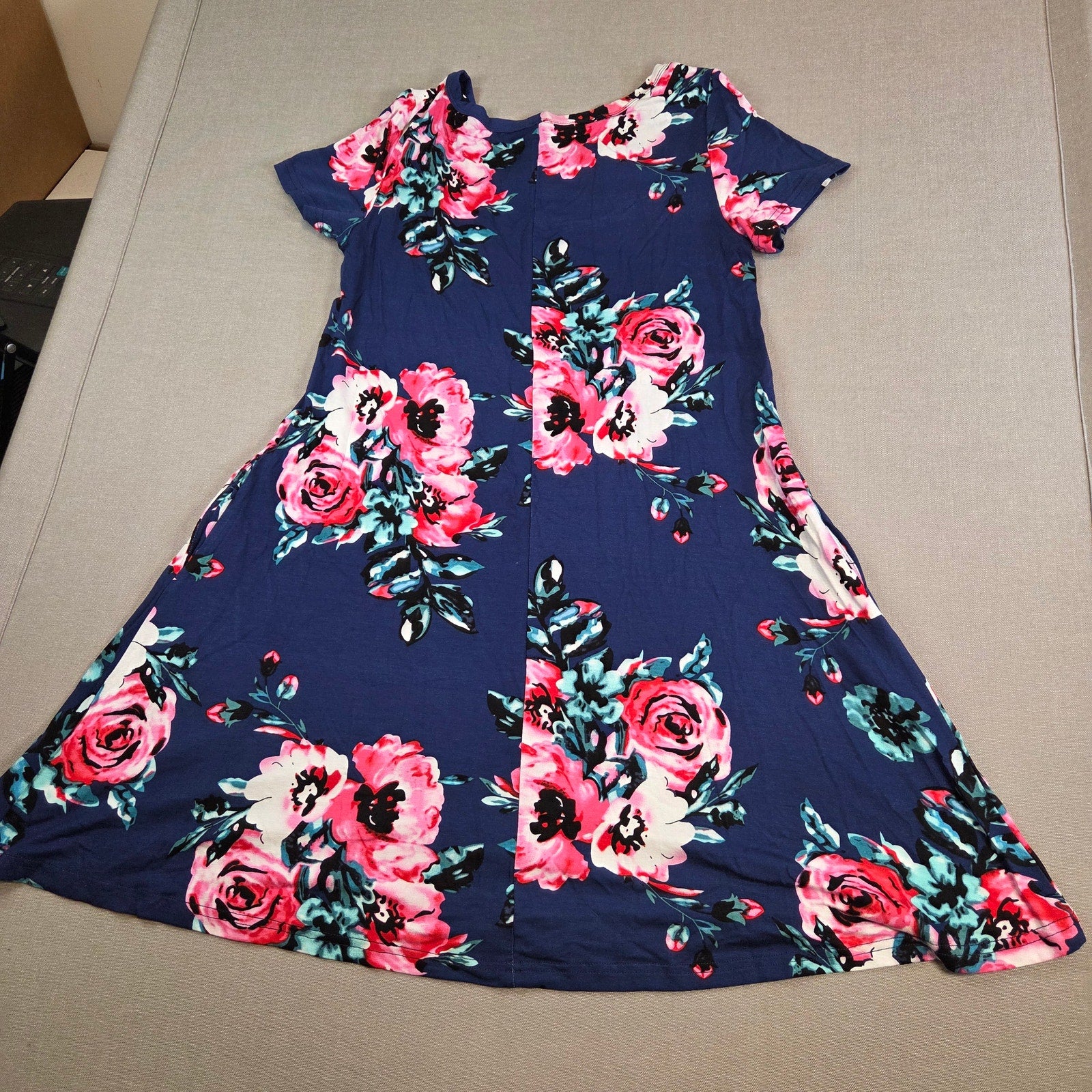 Korsis Blue Floral Dress Pink Rose Print Pockets Women’s Size S